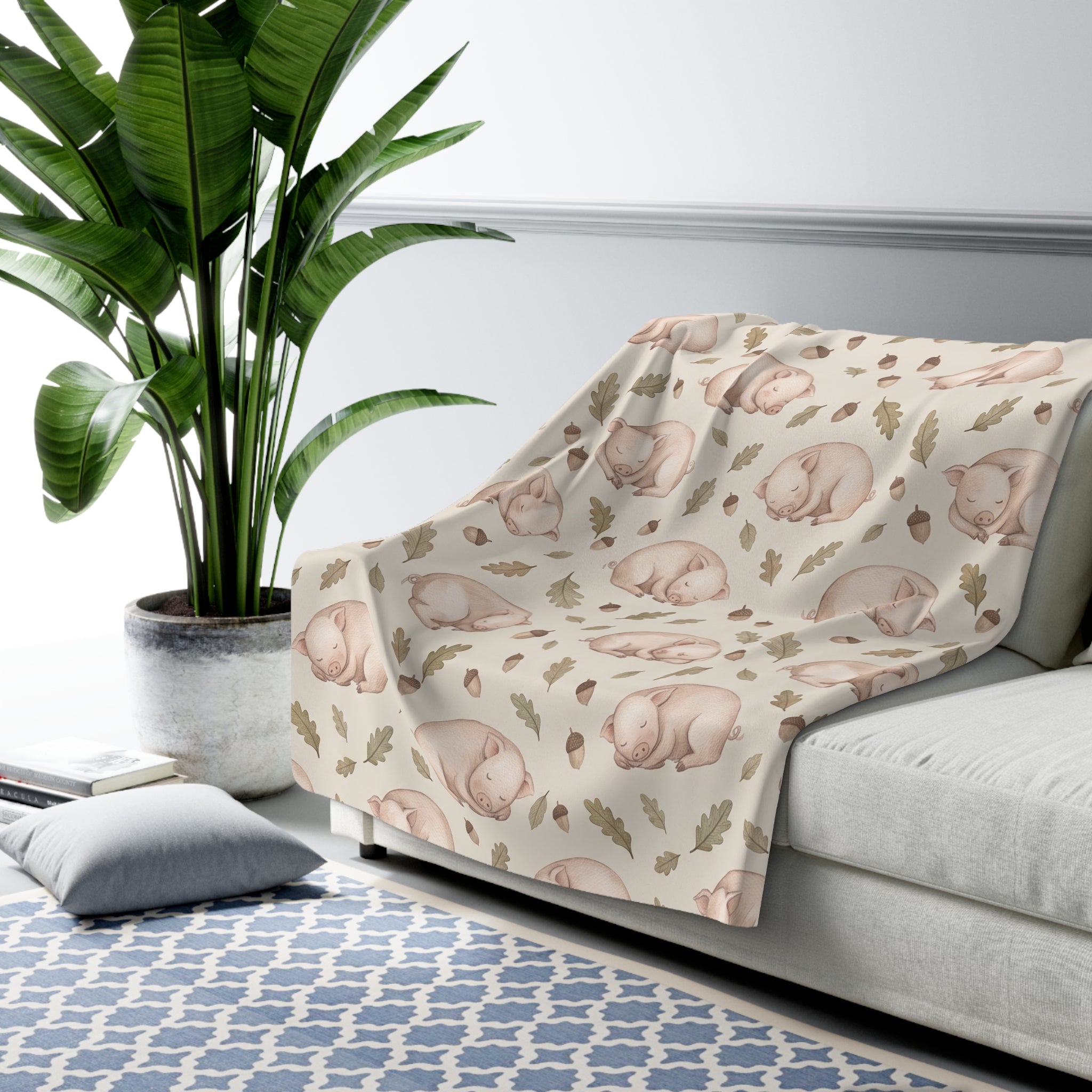 Watercolor Sleeping Piglet & Acorn Sherpa Fleece Blanket Farmhouse Nursery Throw