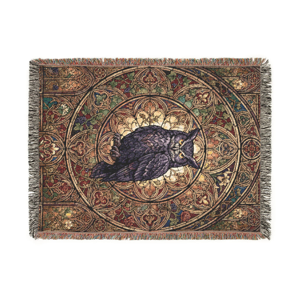 Gothic Owl Stained Glass Woven Throw Blanket Mystical Cathedral Tapestry