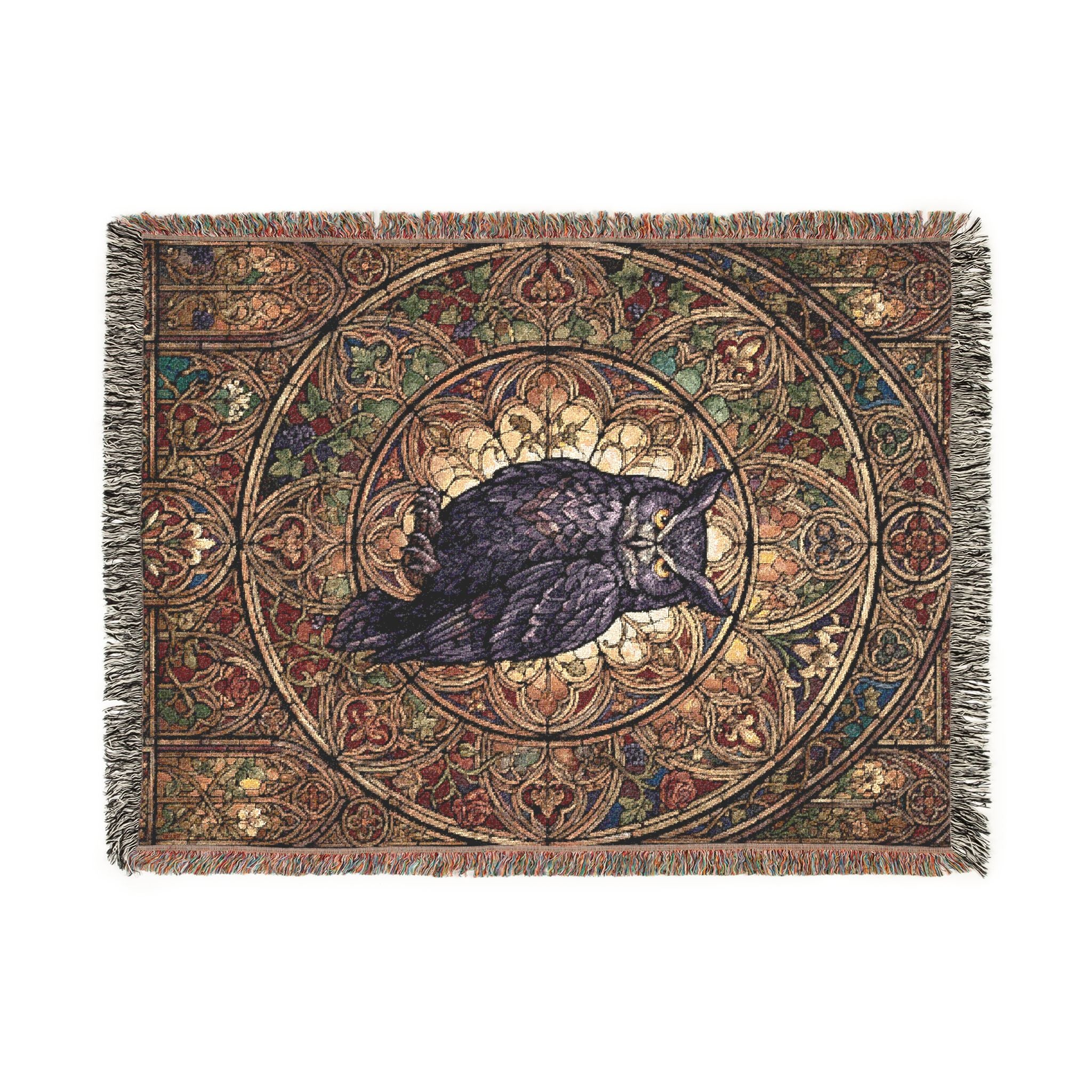 Gothic Owl Stained Glass Woven Throw Blanket Mystical Cathedral Tapestry