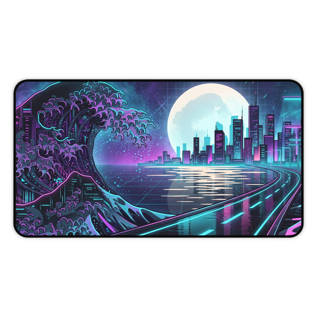 Neon Synthwave Great Wave Desk Mat Cyberpunk Cityscape Gaming Pad