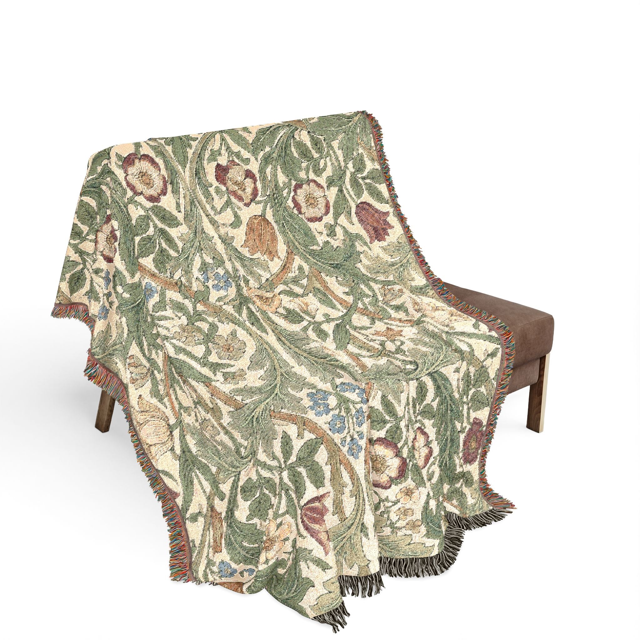 Vintage William Morris Style Floral Woven Throw Blanket Cottagecore Botanical Tapestry