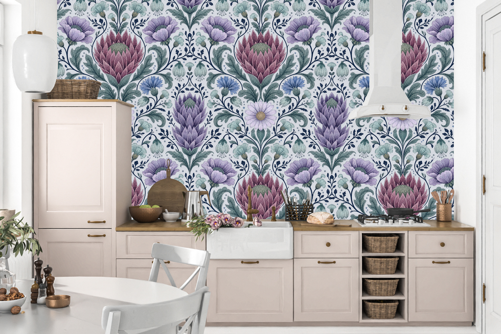 Purple botanical damask wallpaper styled in a bright bedroom with sage linen headboard, natural oak furniture, and white bedding — peel and stick or traditional paste floral wallpaper by WallpaperPixi