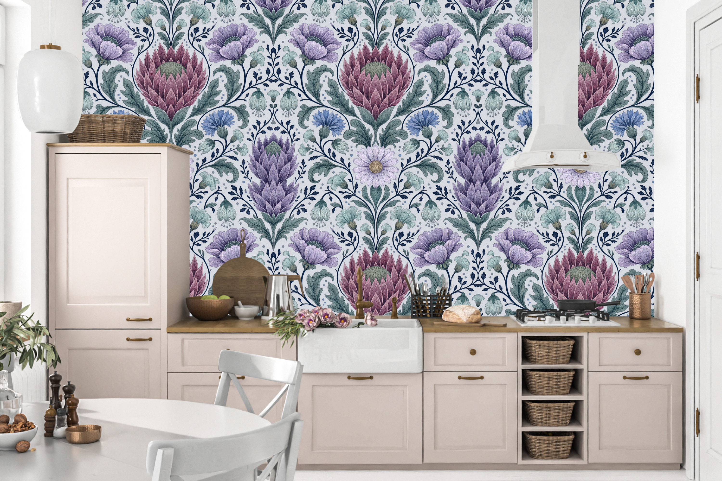 Purple botanical damask wallpaper styled in a bright bedroom with sage linen headboard, natural oak furniture, and white bedding — peel and stick or traditional paste floral wallpaper by WallpaperPixi