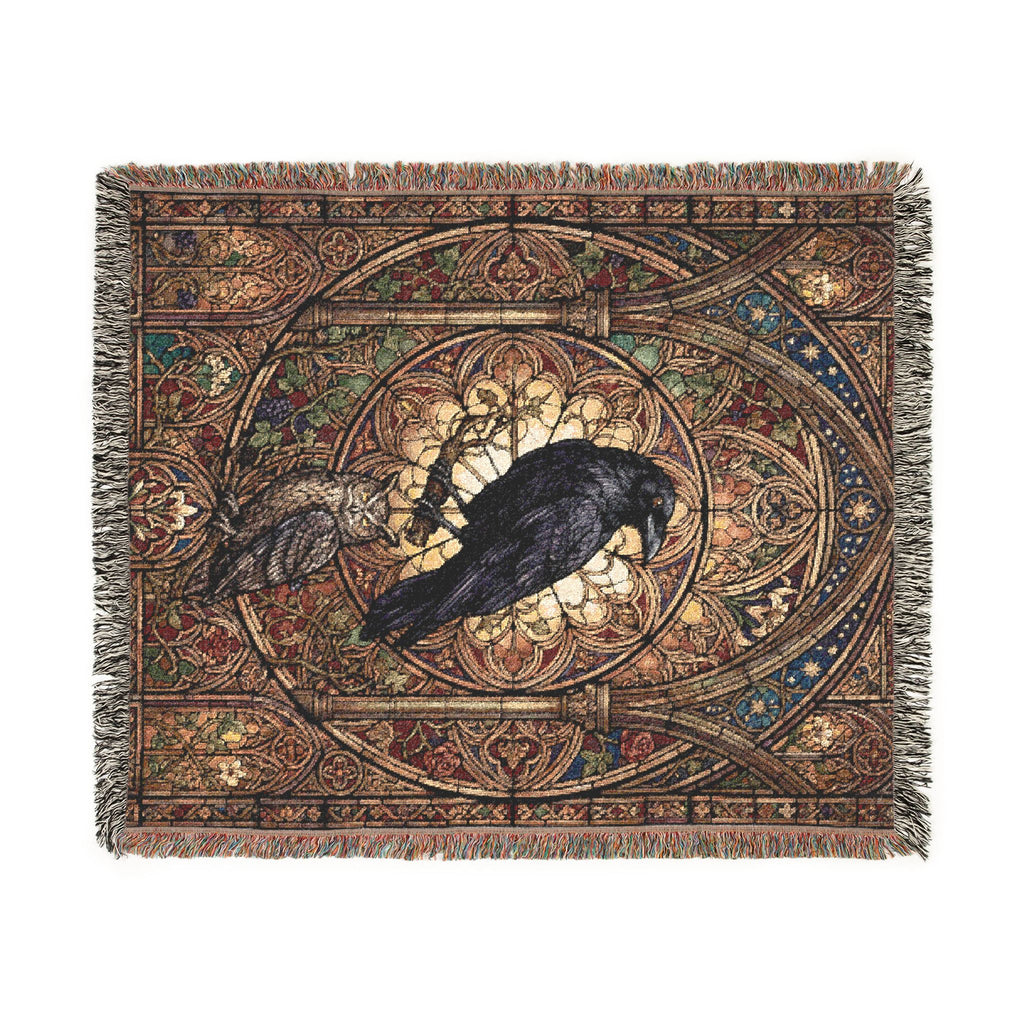 Gothic Raven & Owl Stained Glass Woven Throw Blanket Mystical Cathedral Tapestry
