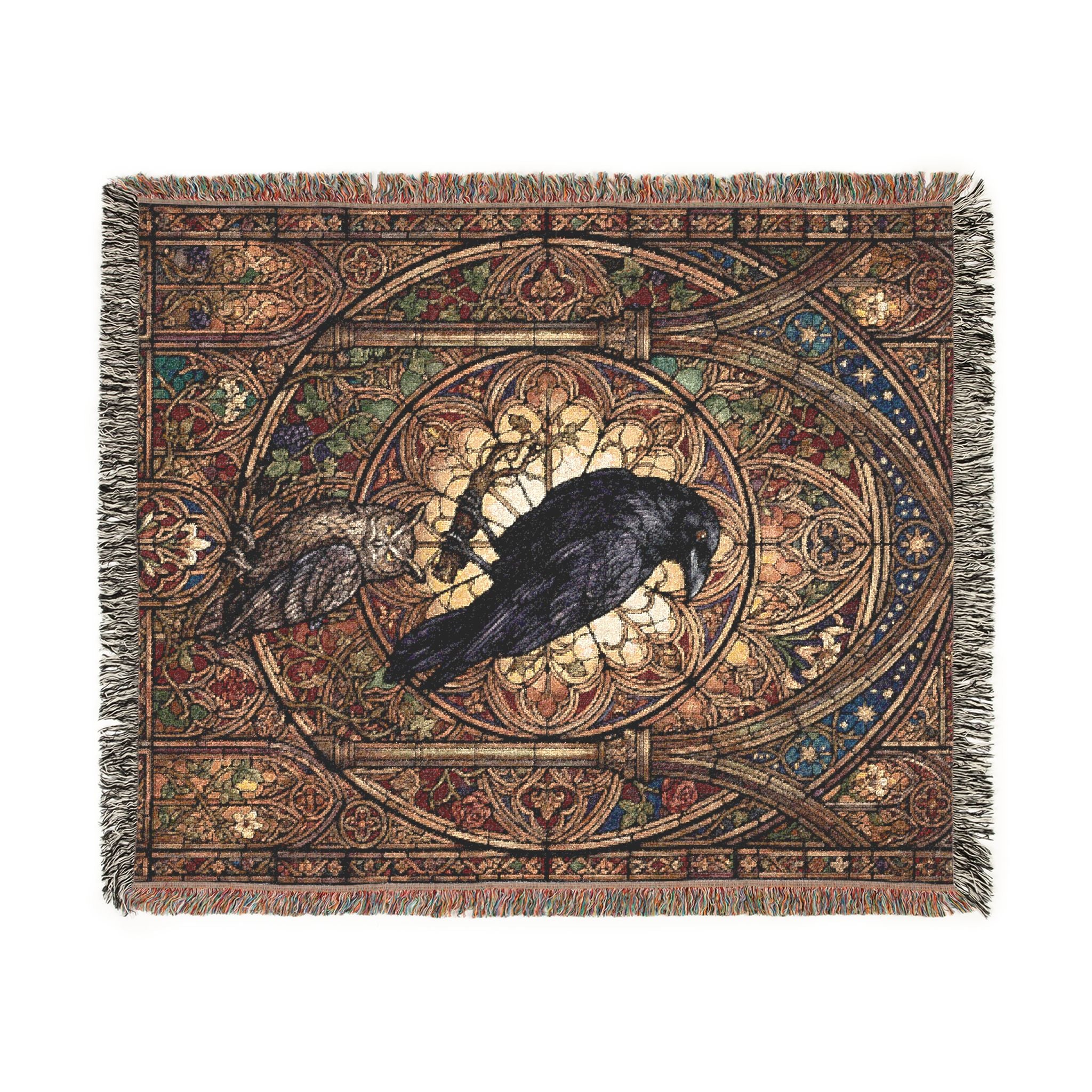 Gothic Raven & Owl Stained Glass Woven Throw Blanket Mystical Cathedral Tapestry