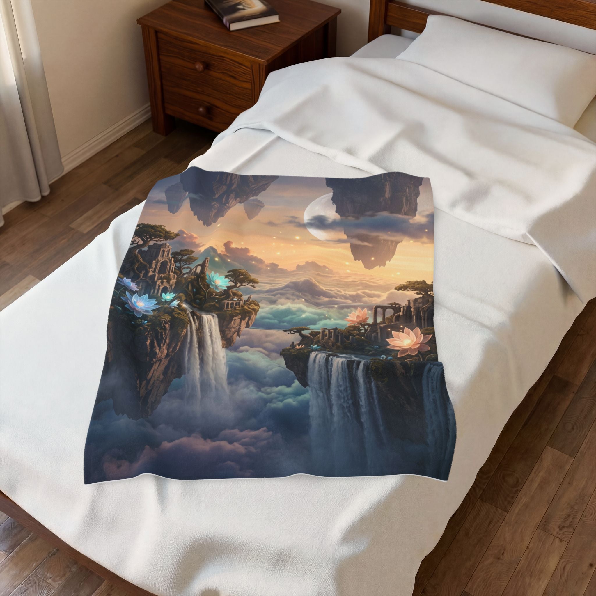 Fantasy Floating Island Plush Throw Blanket Dreamy Lotus Waterfall Velvety Blanket