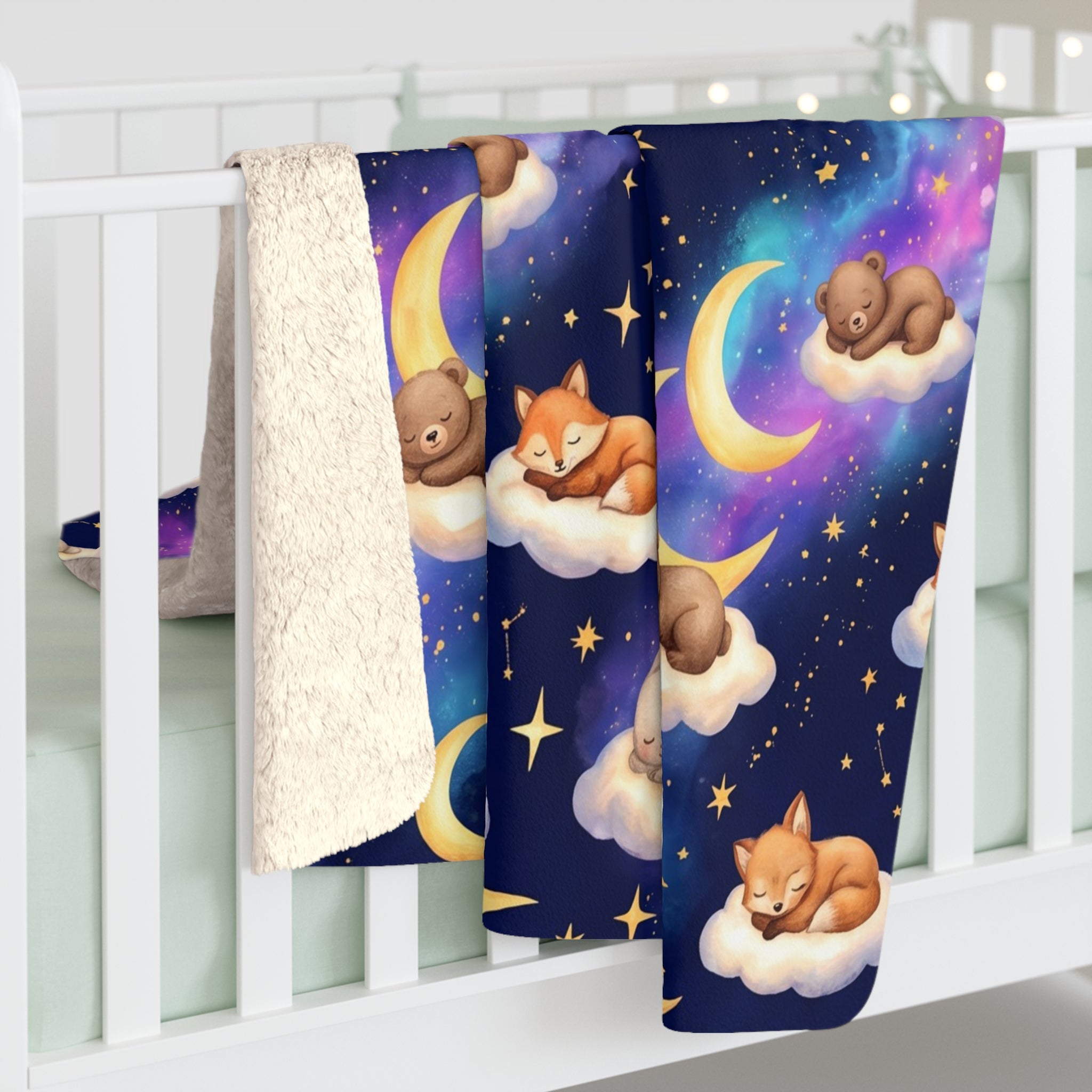 Celestial Sleeping Animals & Galaxy Sherpa Fleece Blanket Starry Night Nursery Throw