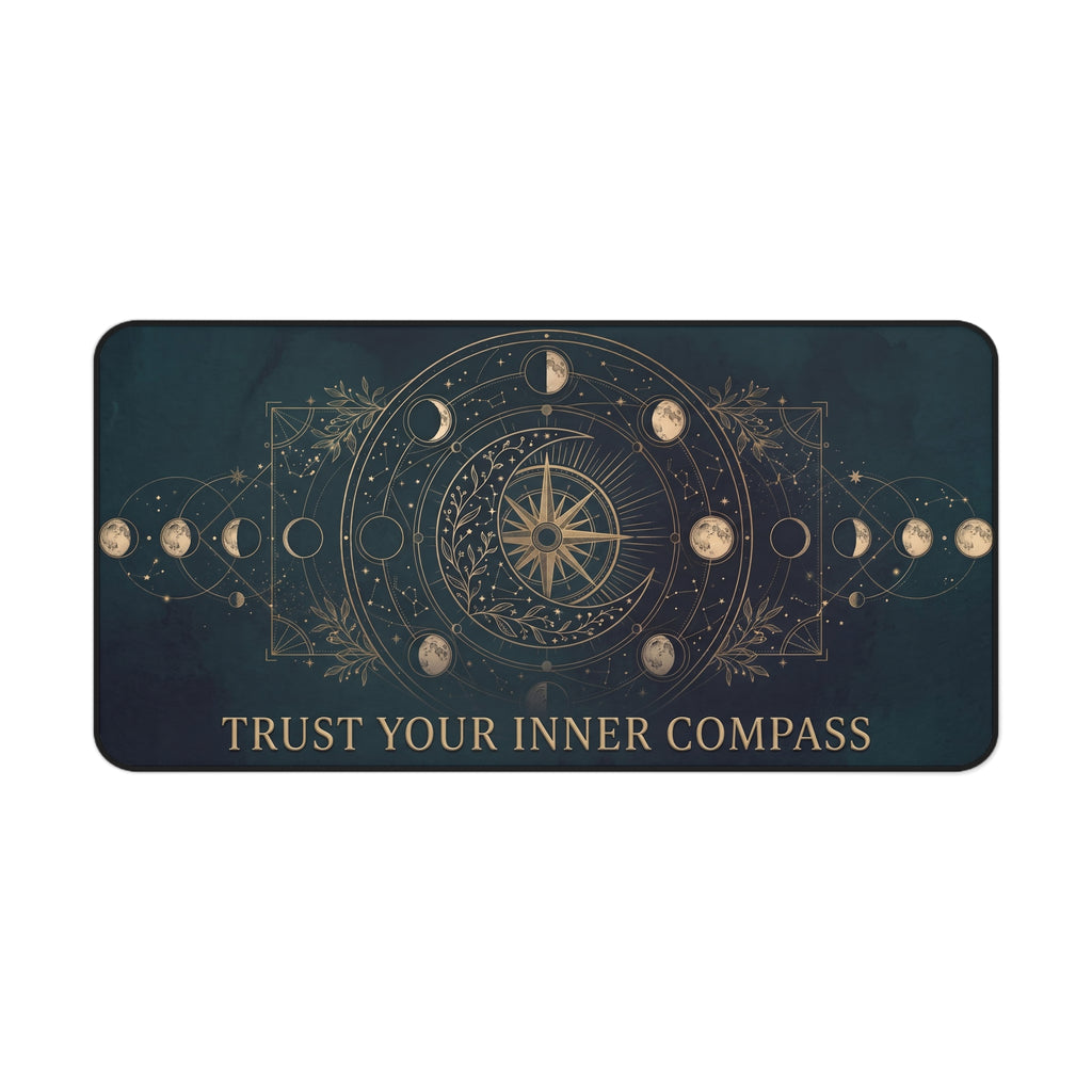 Mystical Celestial Desk Mat "Trust Your Inner Compass" Moon Phase Art | Dark Teal & Gold Neoprene Pad