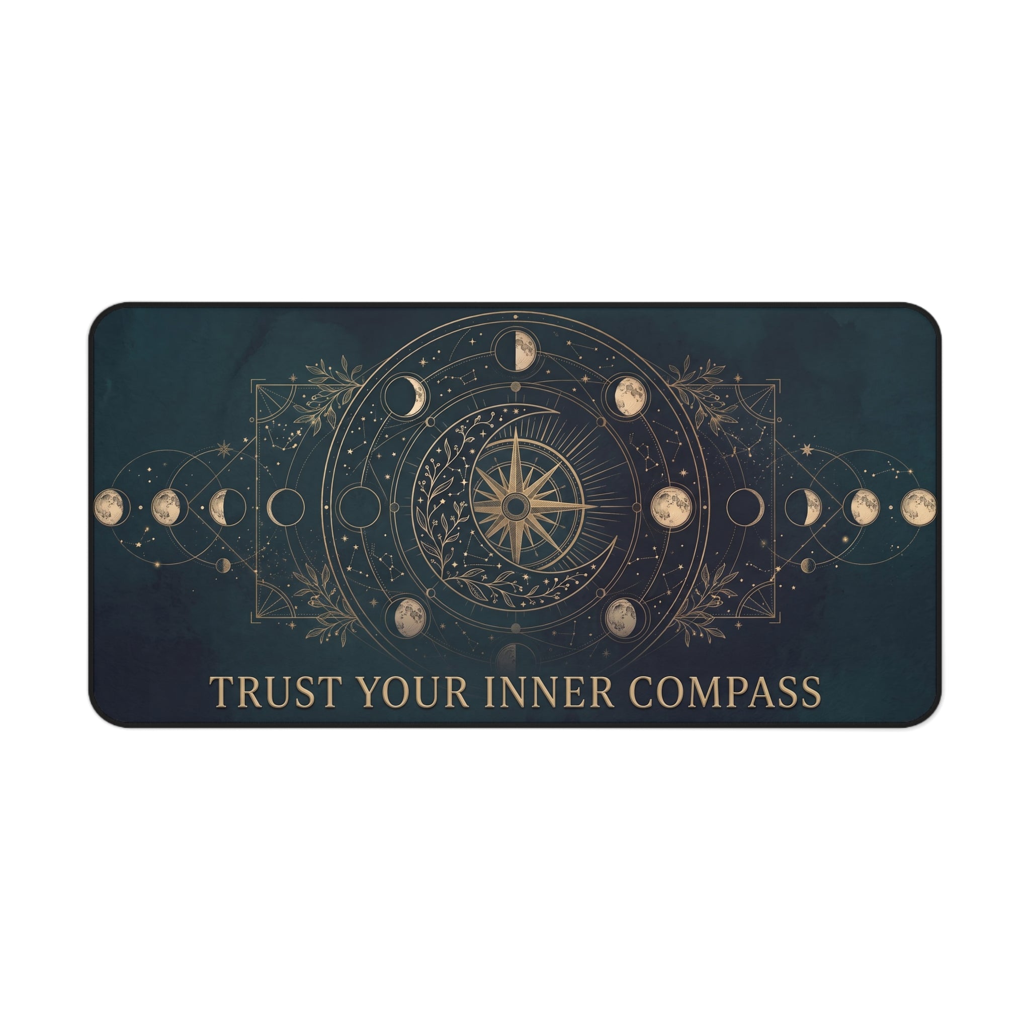 Mystical Celestial Desk Mat "Trust Your Inner Compass" Moon Phase Art | Dark Teal & Gold Neoprene Pad