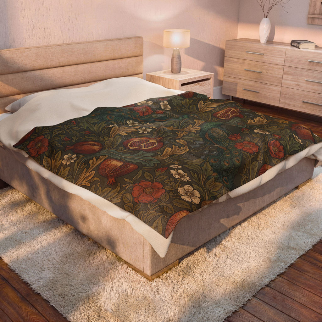 Vintage William Morris Peacock Plush Throw Blanket Botanical Pomegranate Velvety Throw