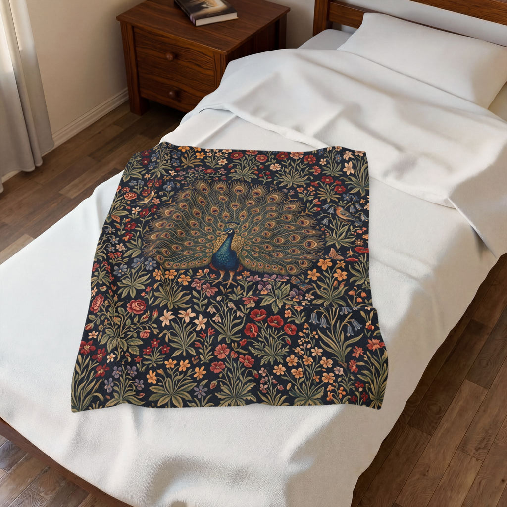 Vintage Peacock Millefleur Plush Velvety Throw Blanket Dark Floral Botanical