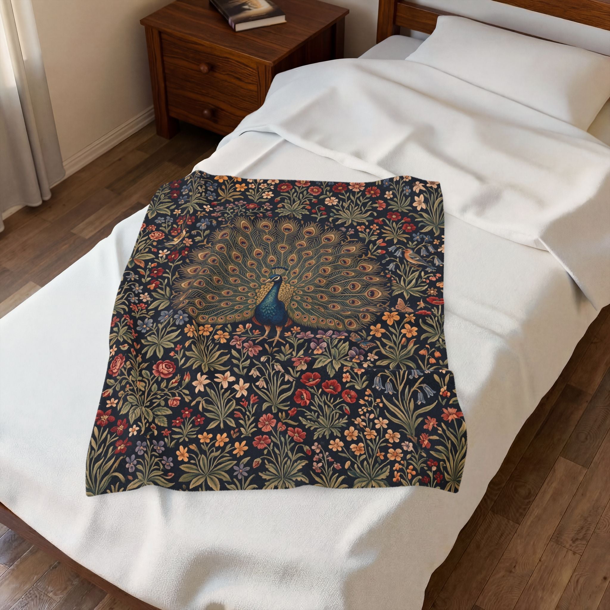 Vintage Peacock Millefleur Plush Velvety Throw Blanket Dark Floral Botanical