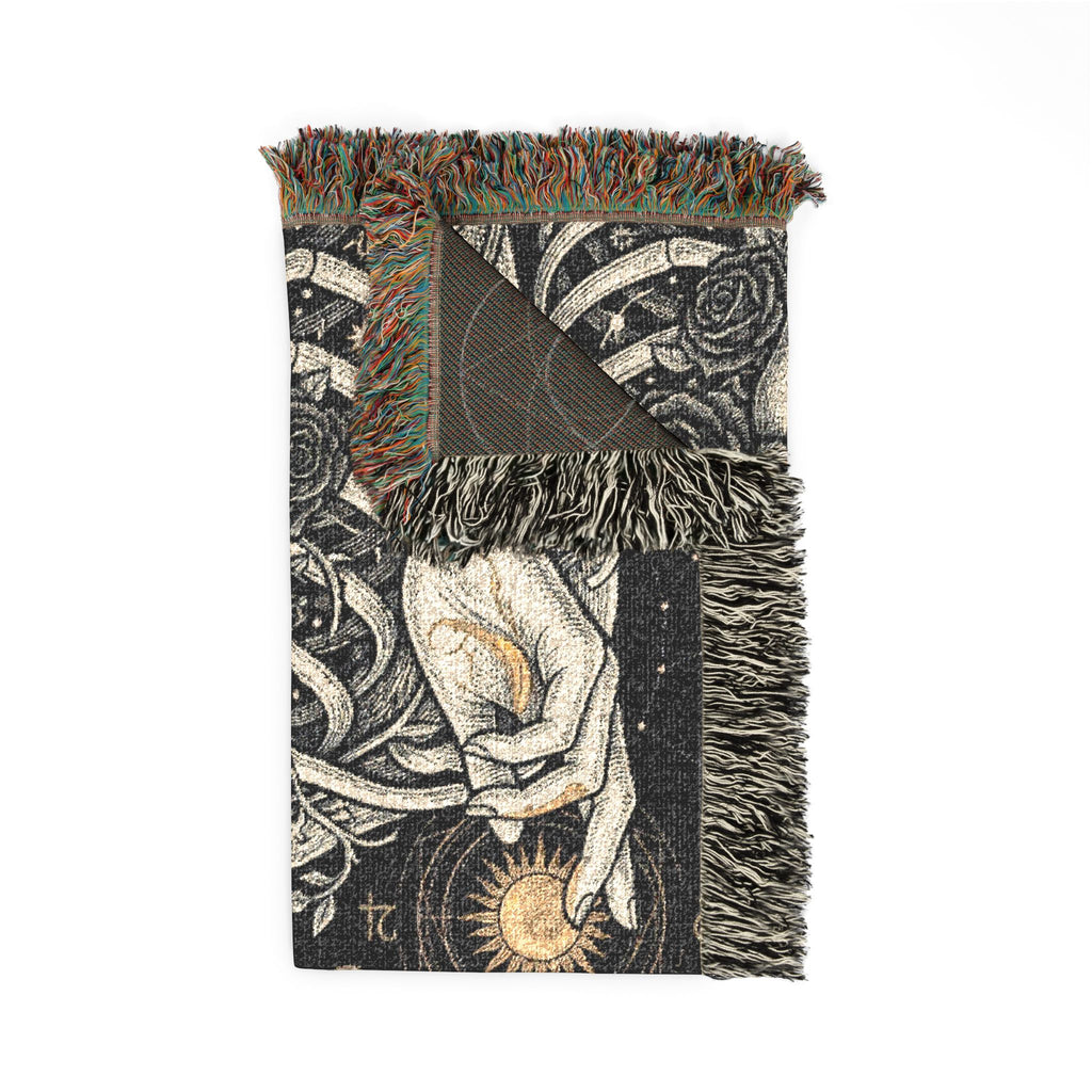 Mystical Celestial Goddess Woven Throw Blanket Dark Macabre Botanical Tapestry