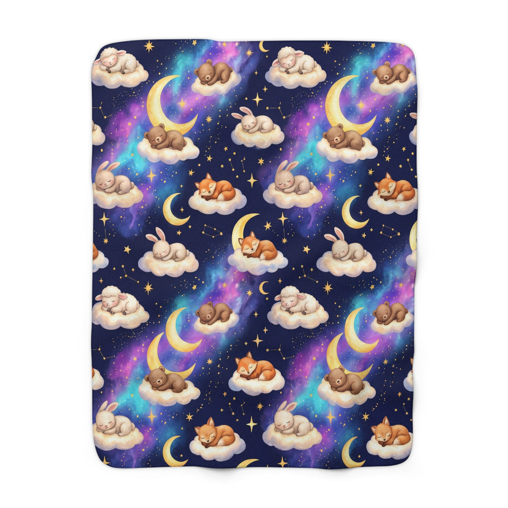 Celestial Sleeping Animals & Galaxy Sherpa Fleece Blanket Starry Night Nursery Throw
