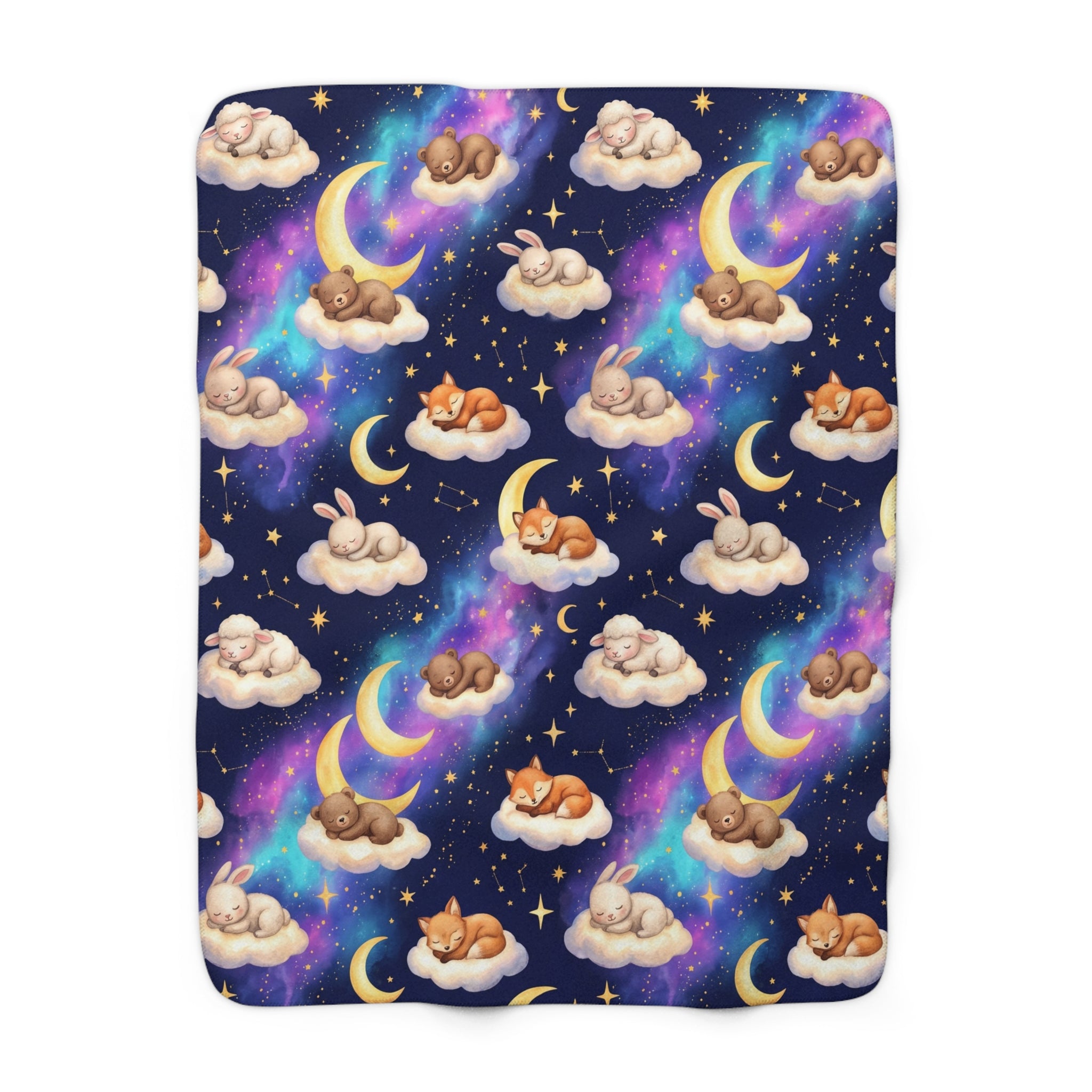 Celestial Sleeping Animals & Galaxy Sherpa Fleece Blanket Starry Night Nursery Throw