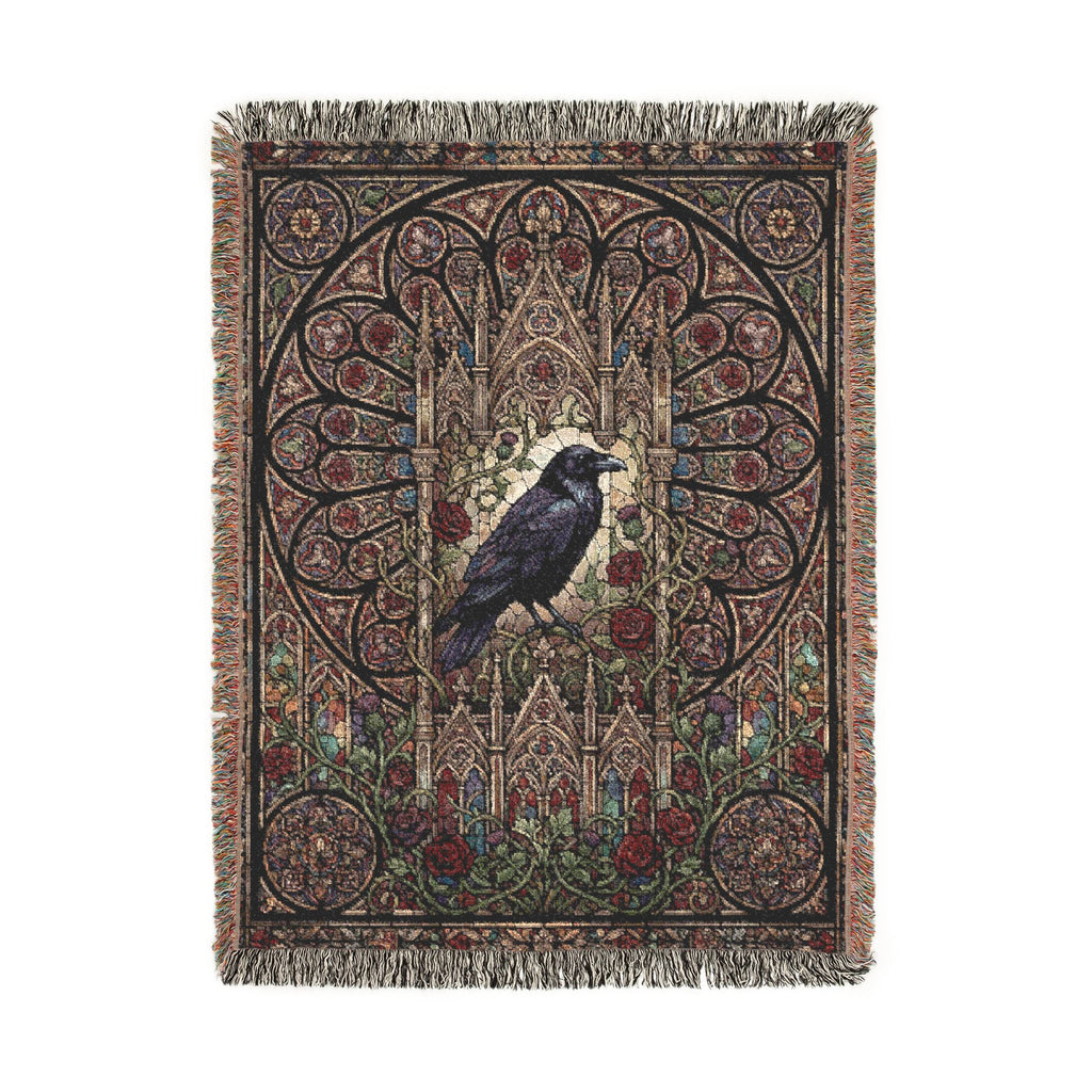 Gothic Raven Stained Glass Woven Throw Blanket  Dark Academia Tapestry