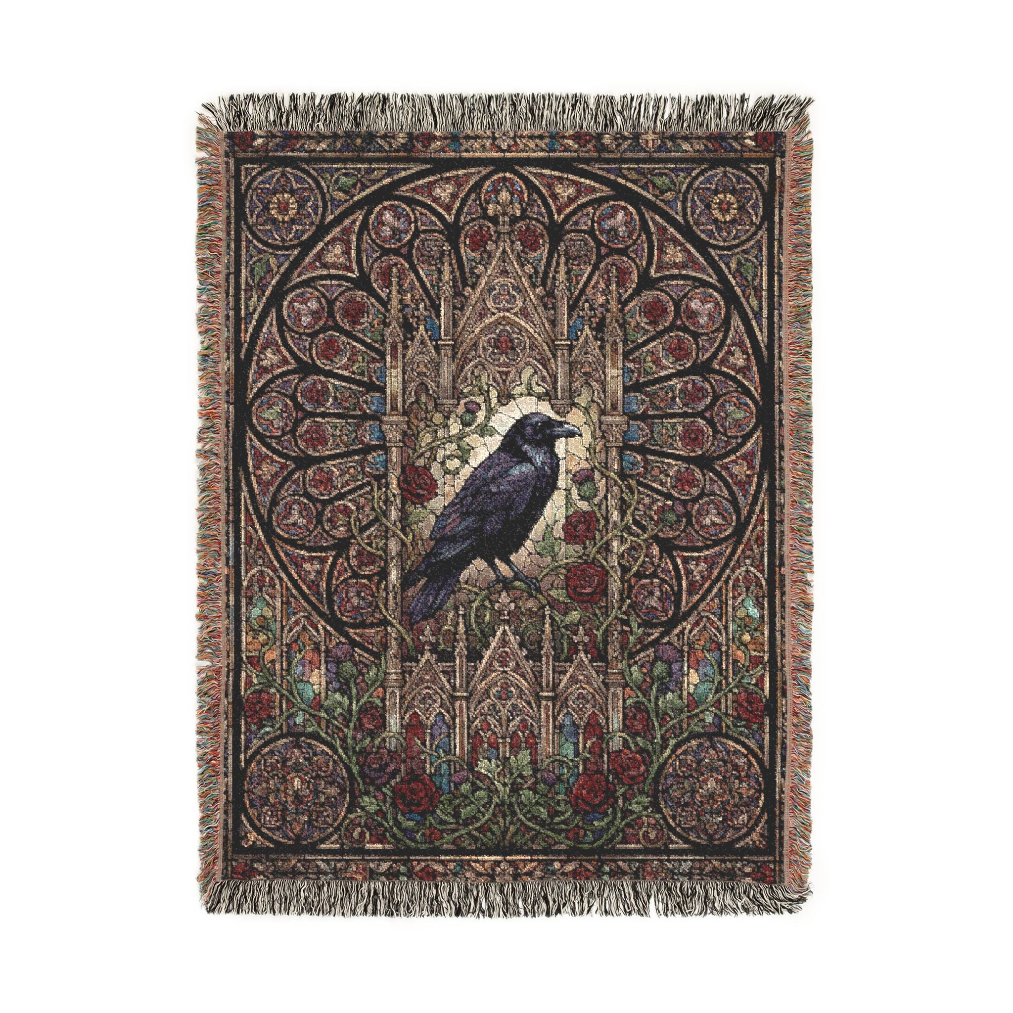 Gothic Raven Stained Glass Woven Throw Blanket  Dark Academia Tapestry