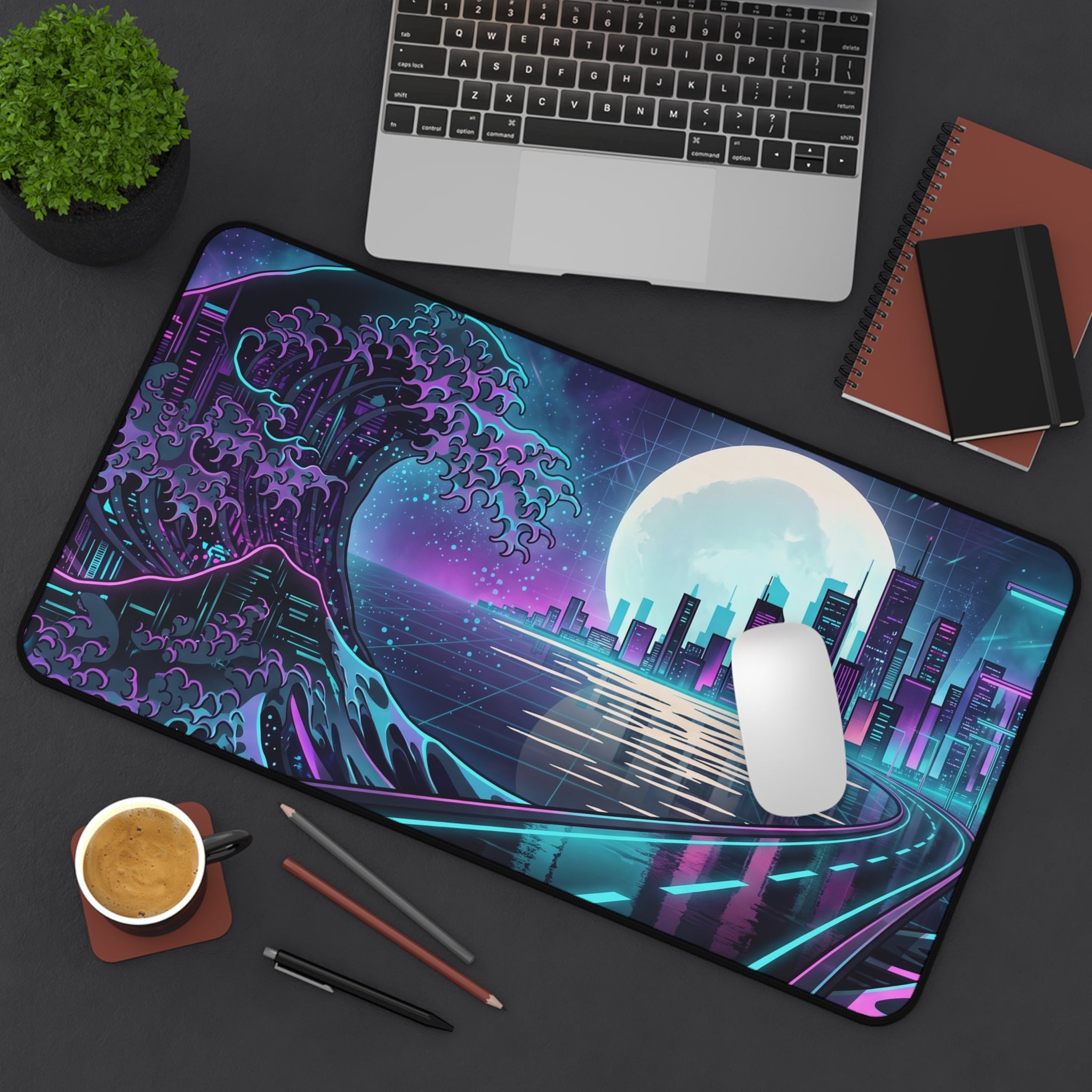 Neon Synthwave Great Wave Desk Mat Cyberpunk Cityscape Gaming Pad