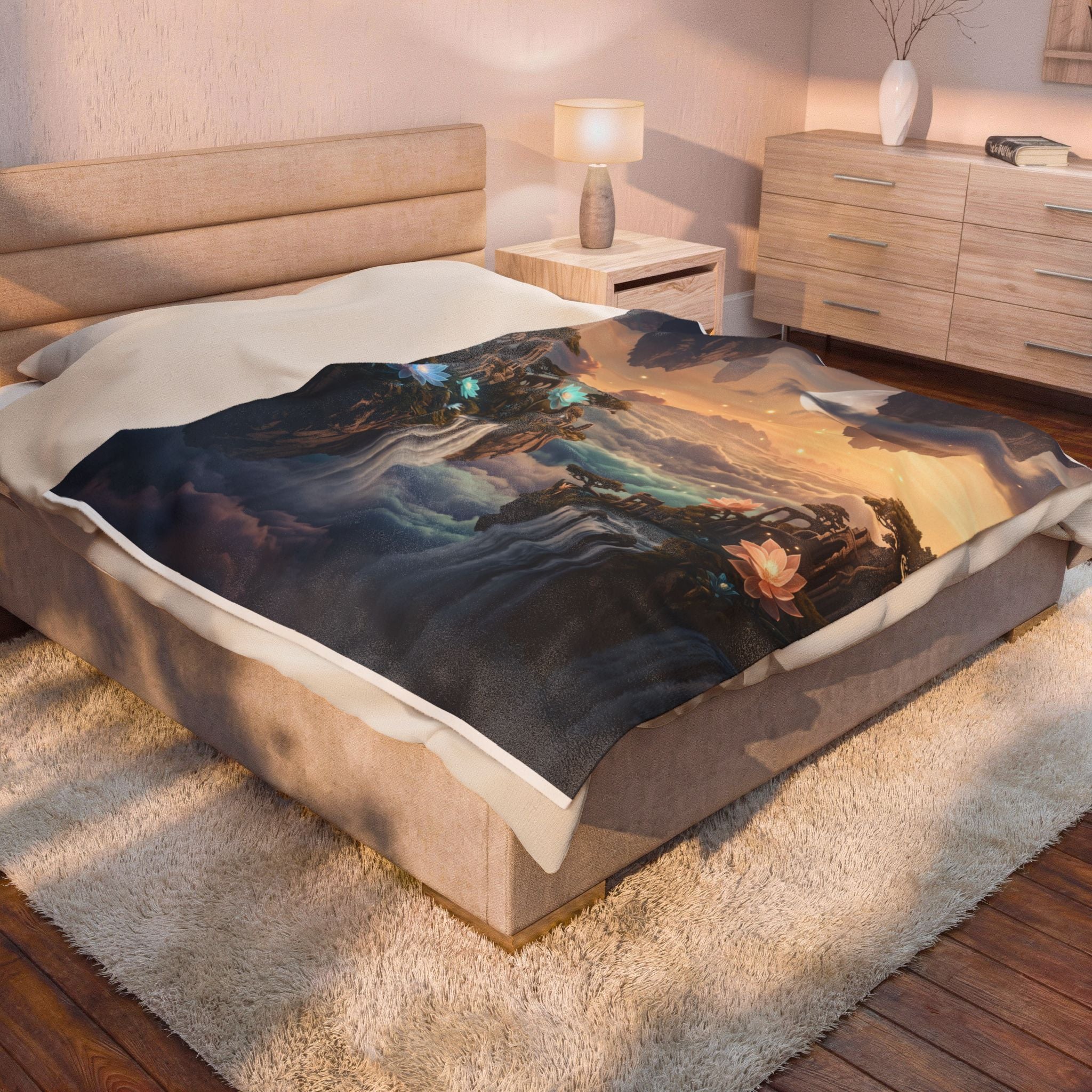 Fantasy Floating Island Plush Throw Blanket Dreamy Lotus Waterfall Velvety Blanket