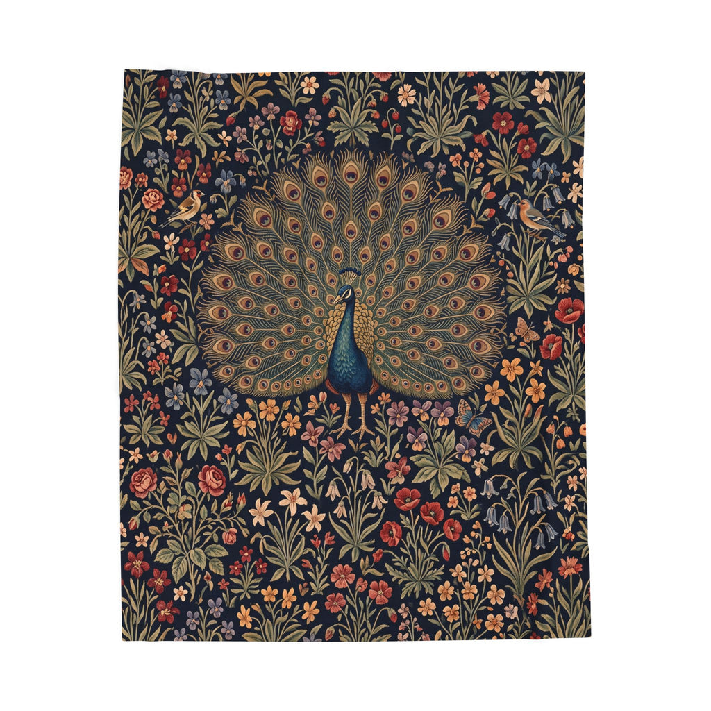 Vintage Peacock Millefleur Plush Velvety Throw Blanket Dark Floral Botanical