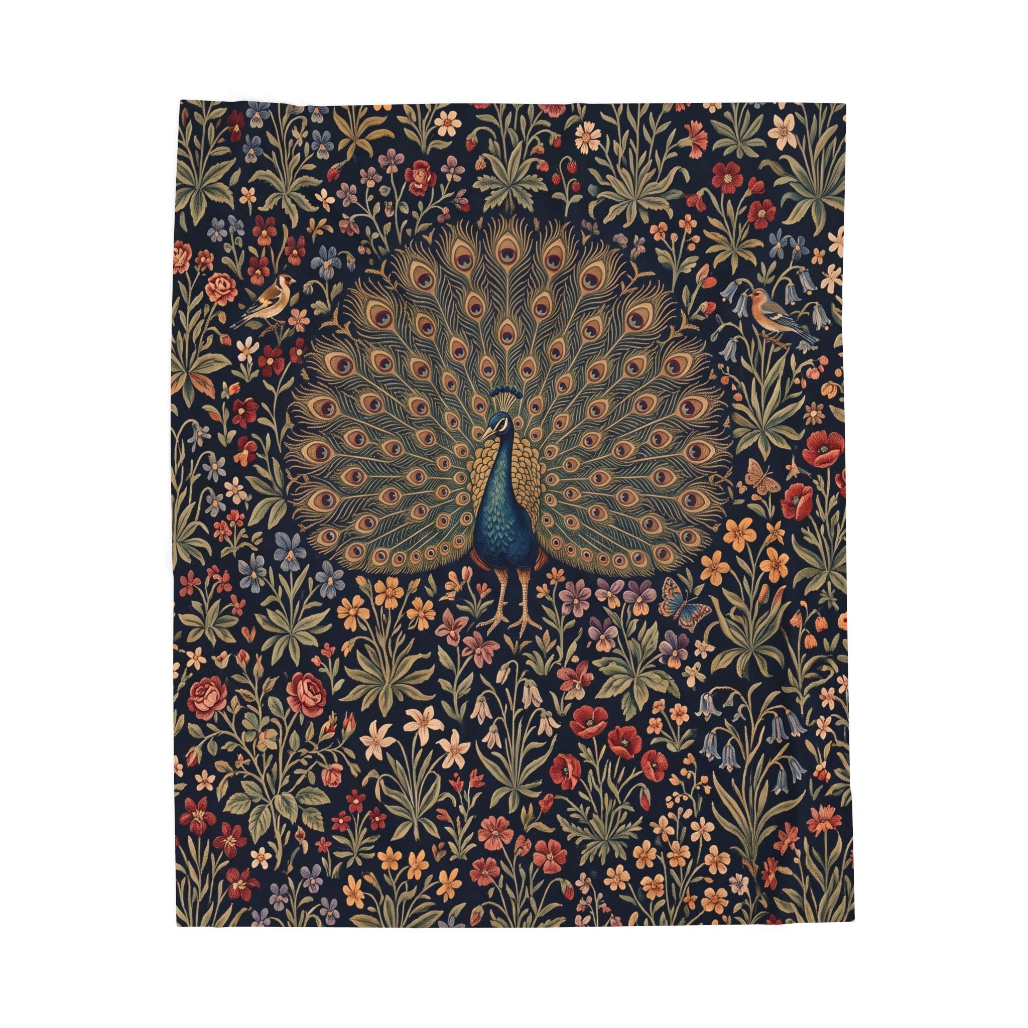 Vintage Peacock Millefleur Plush Velvety Throw Blanket Dark Floral Botanical