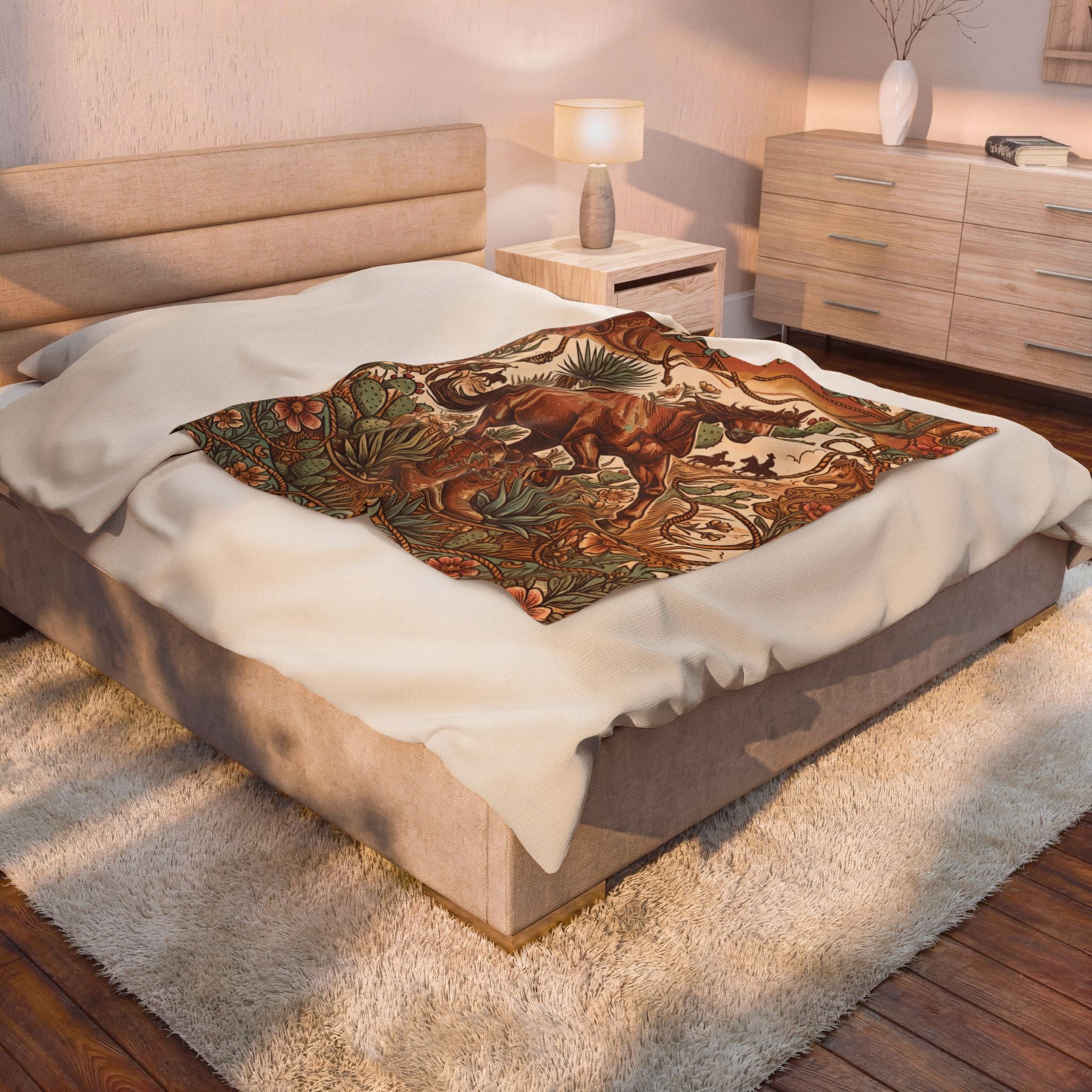 Vintage Western Wild Horse Plush Throw Blanket Cowboy Desert Velvety Blanket