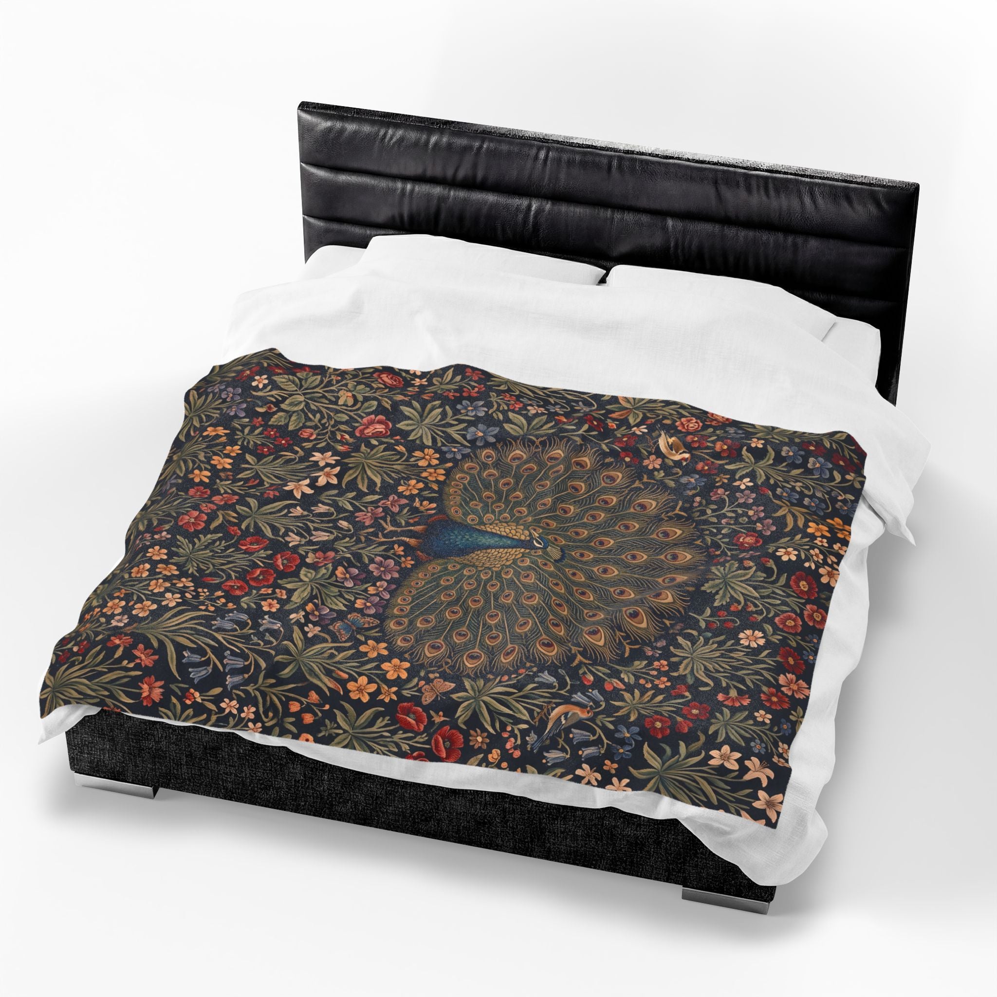 Vintage Peacock Millefleur Plush Velvety Throw Blanket Dark Floral Botanical