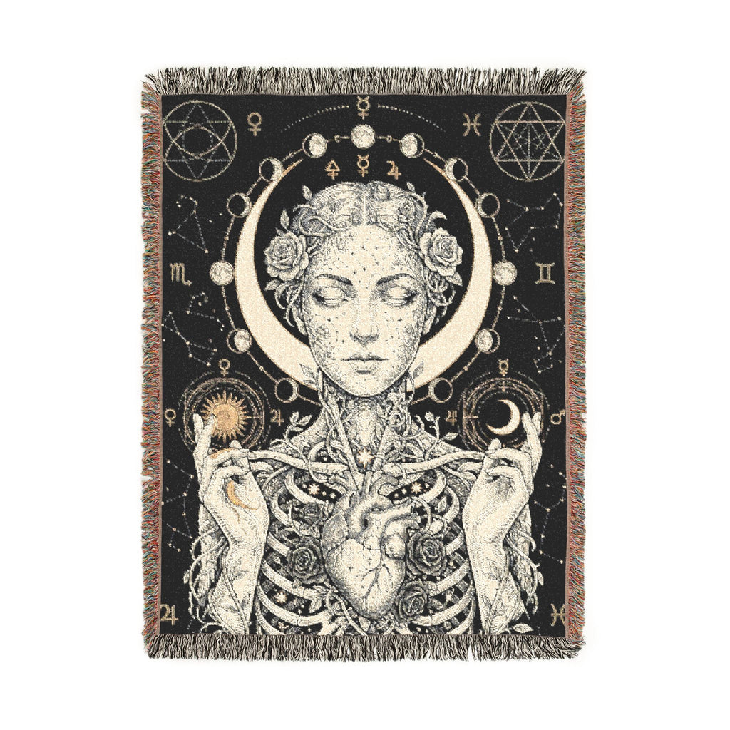 Mystical Celestial Goddess Woven Throw Blanket Dark Macabre Botanical Tapestry