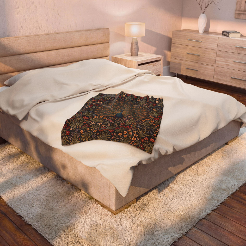 Vintage Peacock Millefleur Plush Velvety Throw Blanket Dark Floral Botanical