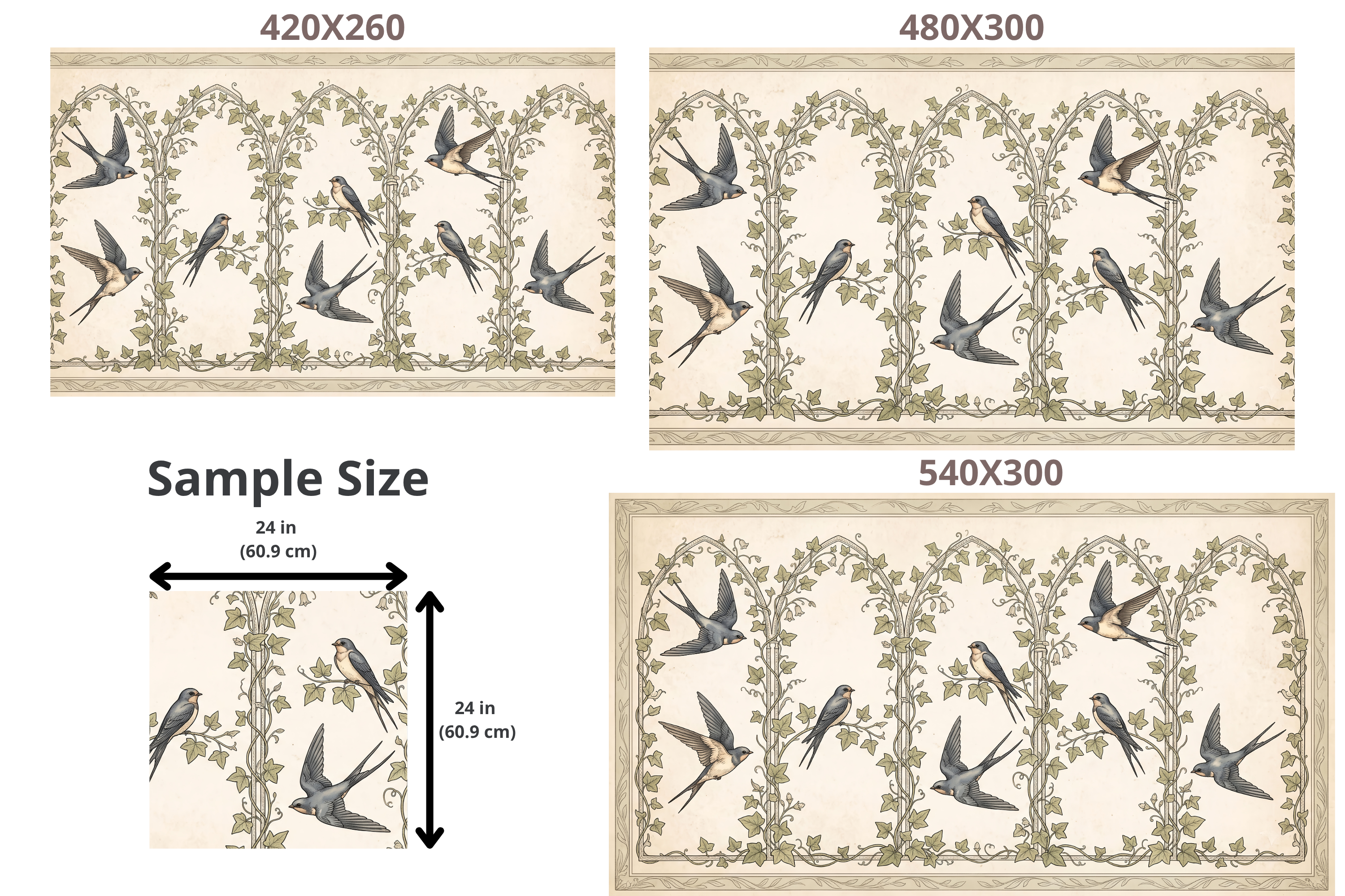 Vintage Swallow & Ivy Trellis Wall Mural Classic Botanical Archway Wallpaper