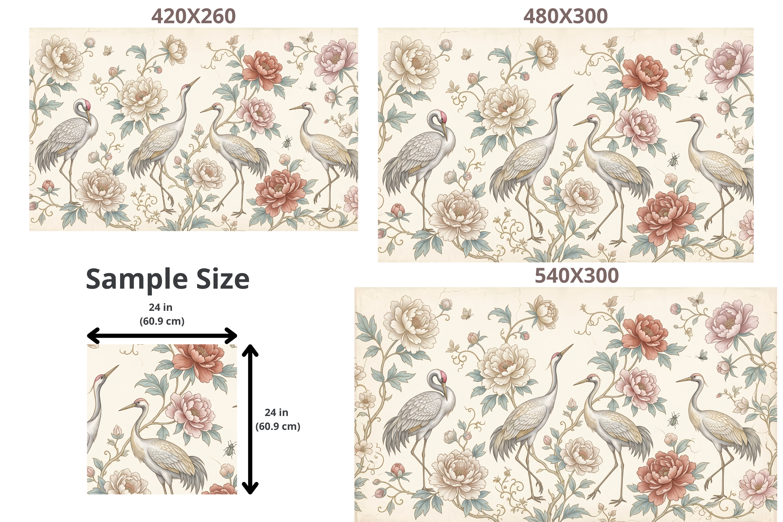 Vintage Chinoiserie Crane & Peony Wall Mural Elegant Grandmillennial Wallpaper