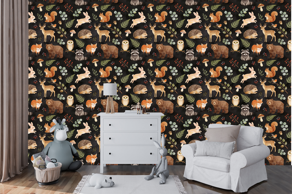 Cozy nursery featuring dark woodland animal wallpaper with watercolor forest creatures and botanical accents