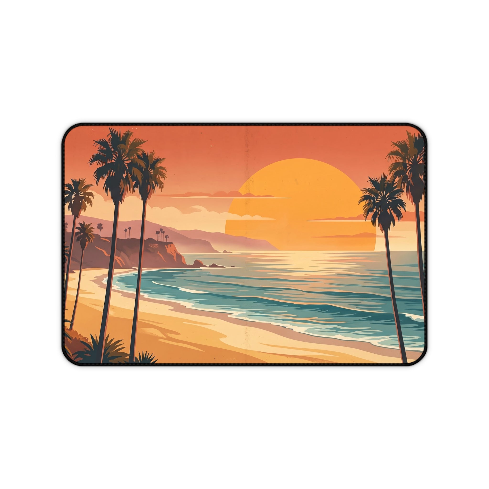 Retro California Beach Sunset Desk Mat Vintage Palm Tree Coastal Art