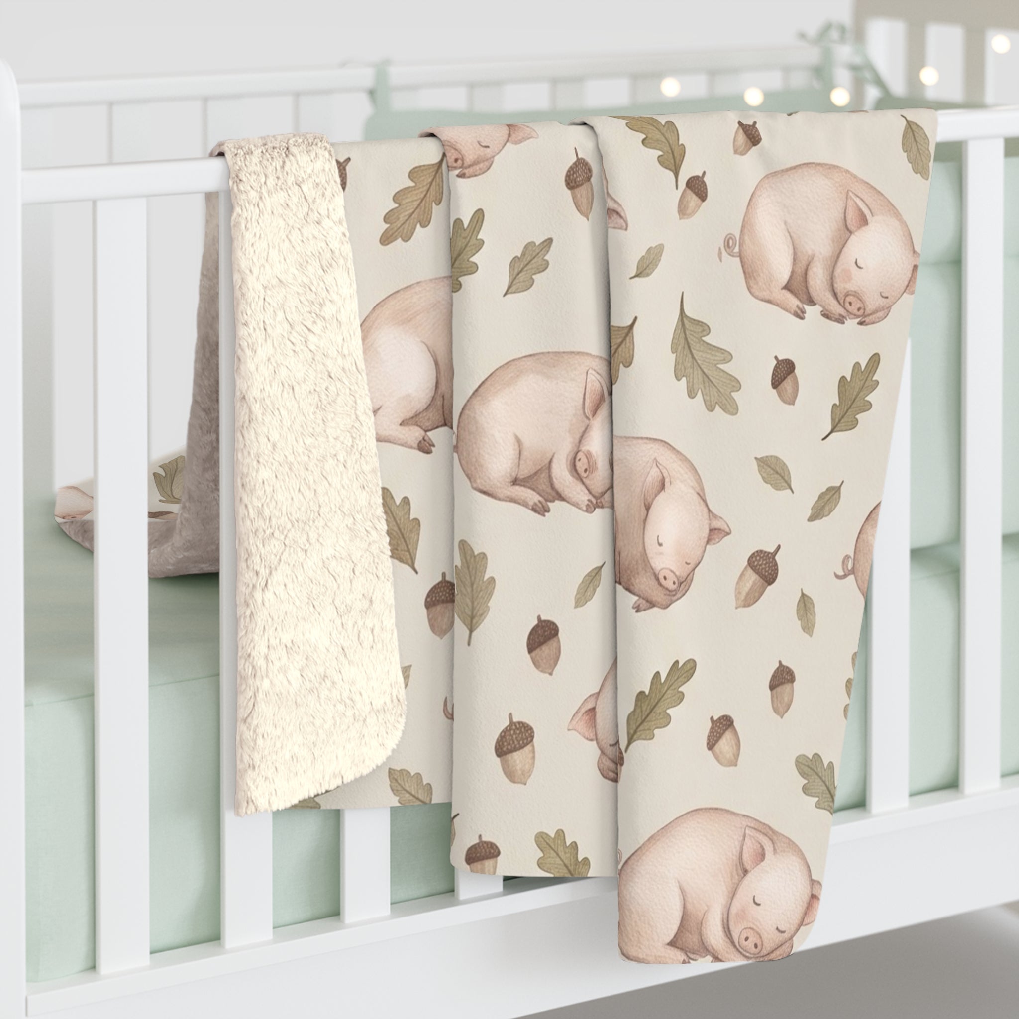 Watercolor Sleeping Piglet & Acorn Sherpa Fleece Blanket Farmhouse Nursery Throw