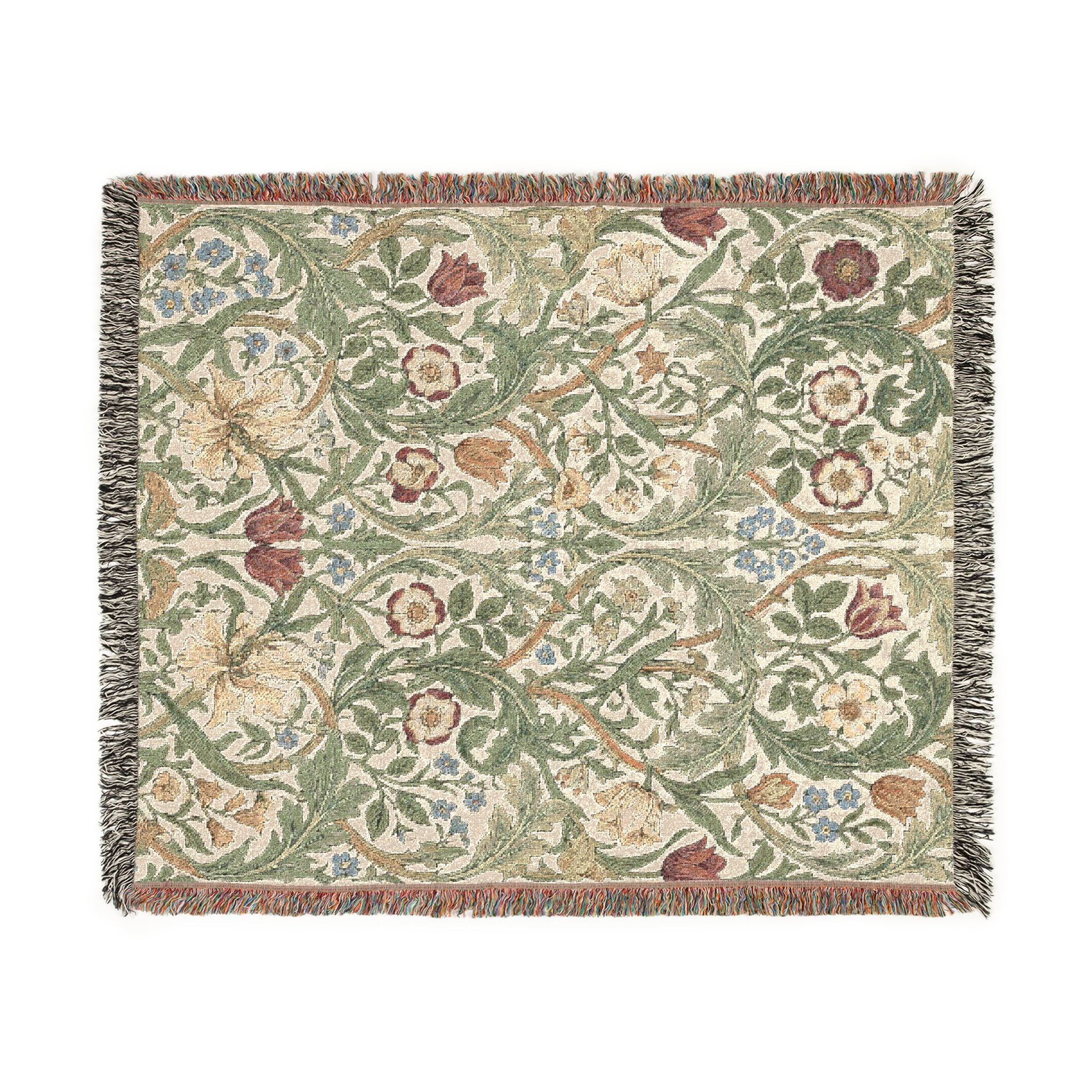 Vintage William Morris Style Floral Woven Throw Blanket Cottagecore Botanical Tapestry