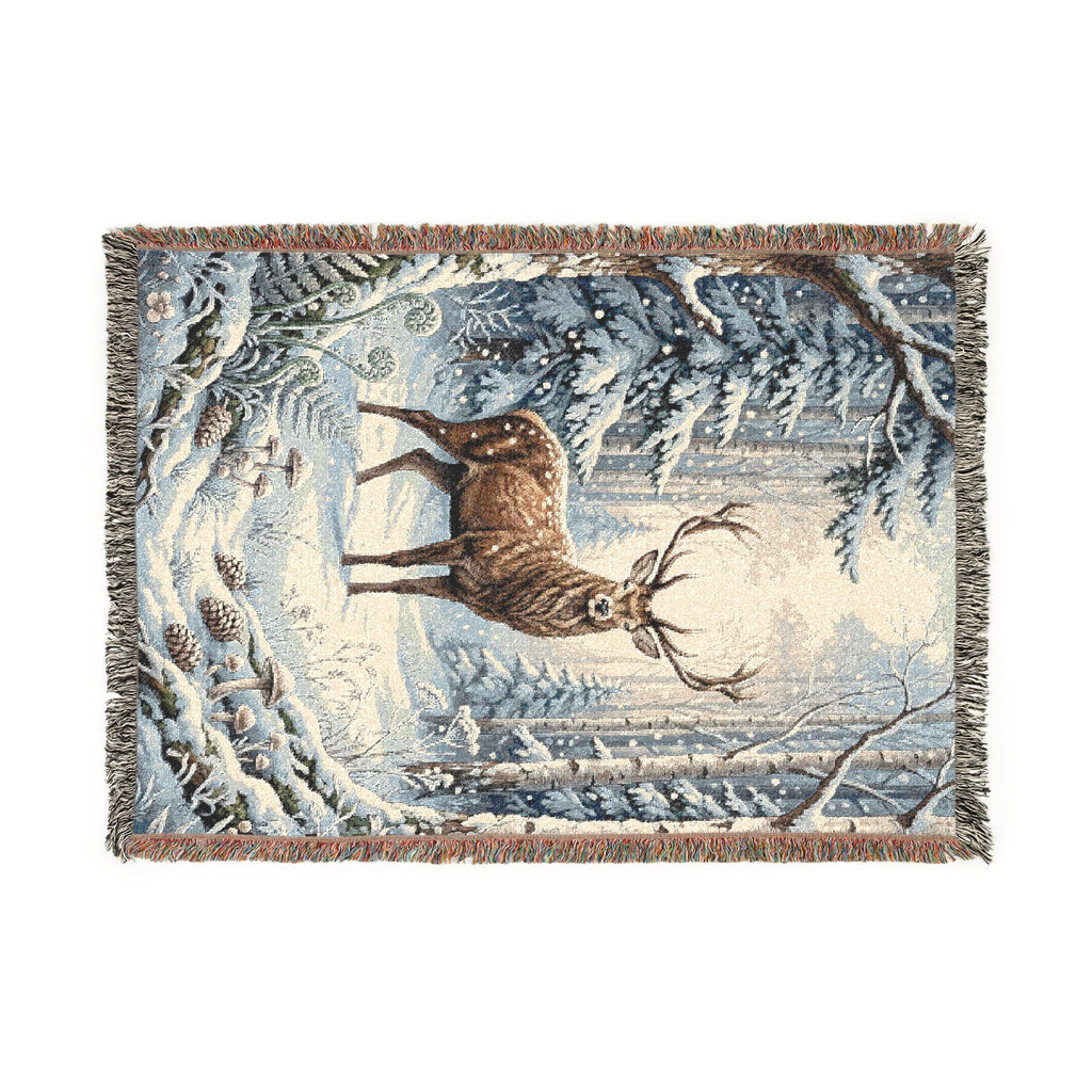 Winter Woodland Stag Woven Throw Blanket Rustic Snow Scene Tapestry