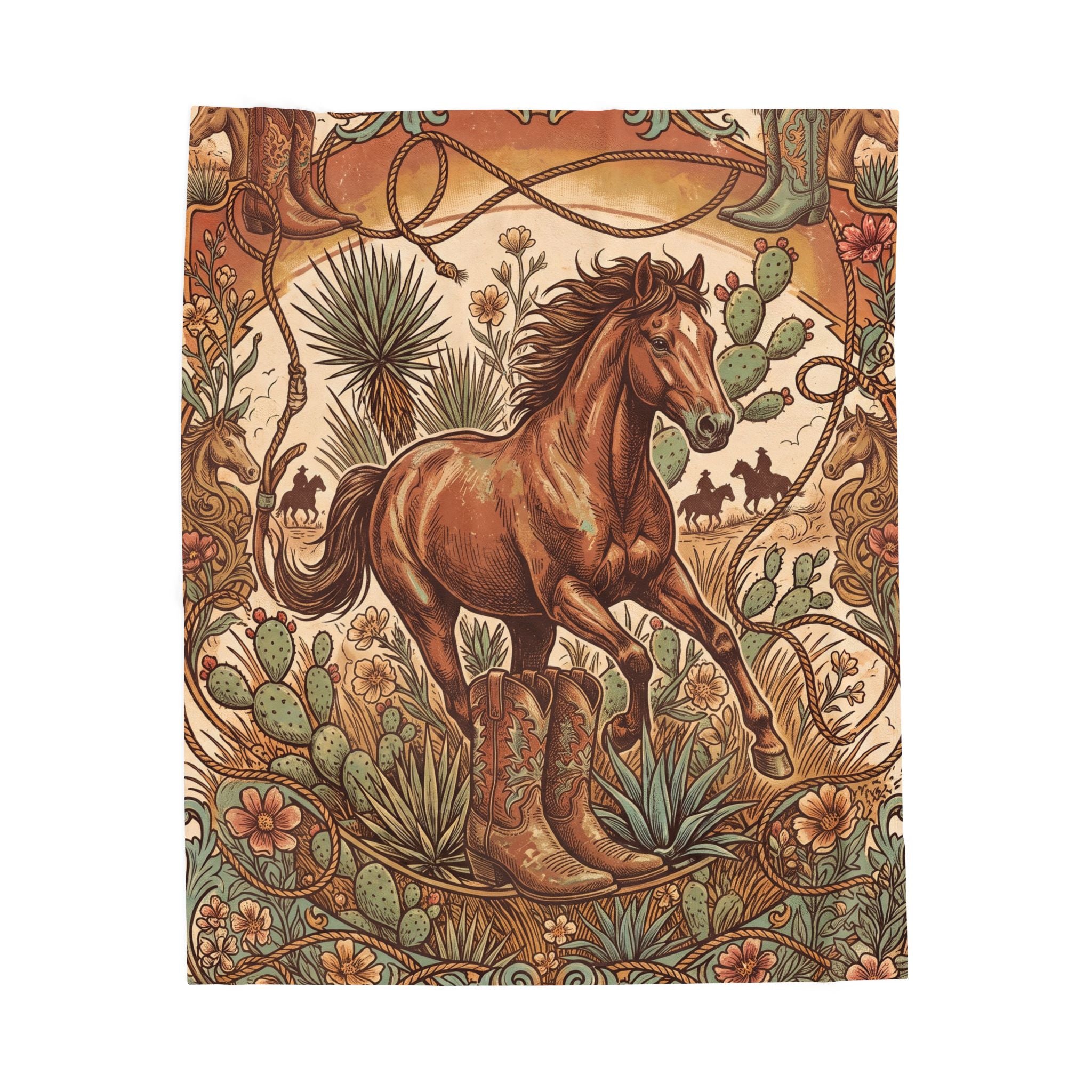 Vintage Western Wild Horse Plush Throw Blanket Cowboy Desert Velvety Blanket