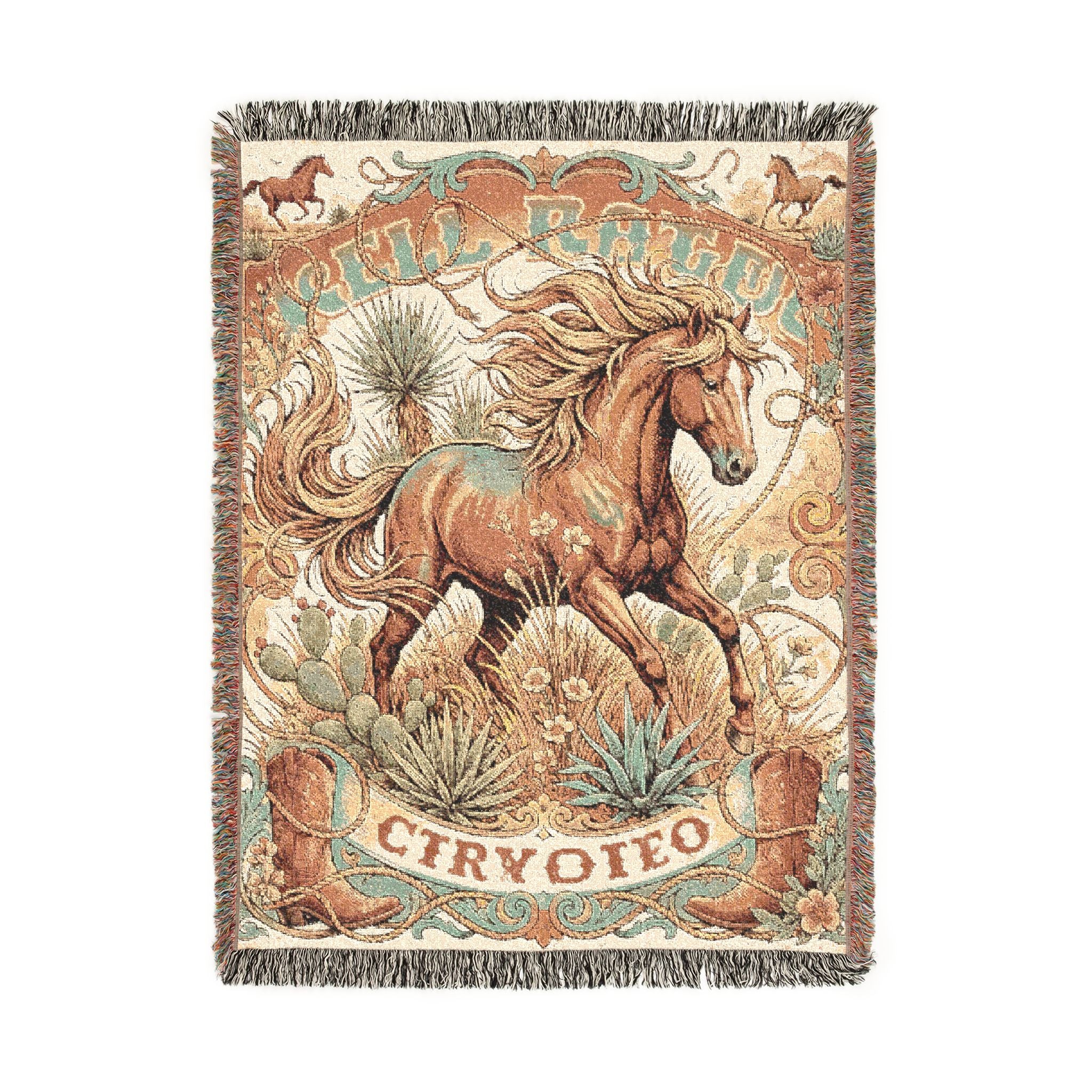 Vintage Western Wild Horse Woven Throw Blanket Southwestern Cowboy Tapestry