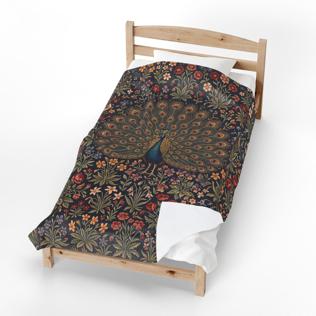 Vintage Peacock Millefleur Plush Velvety Throw Blanket Dark Floral Botanical