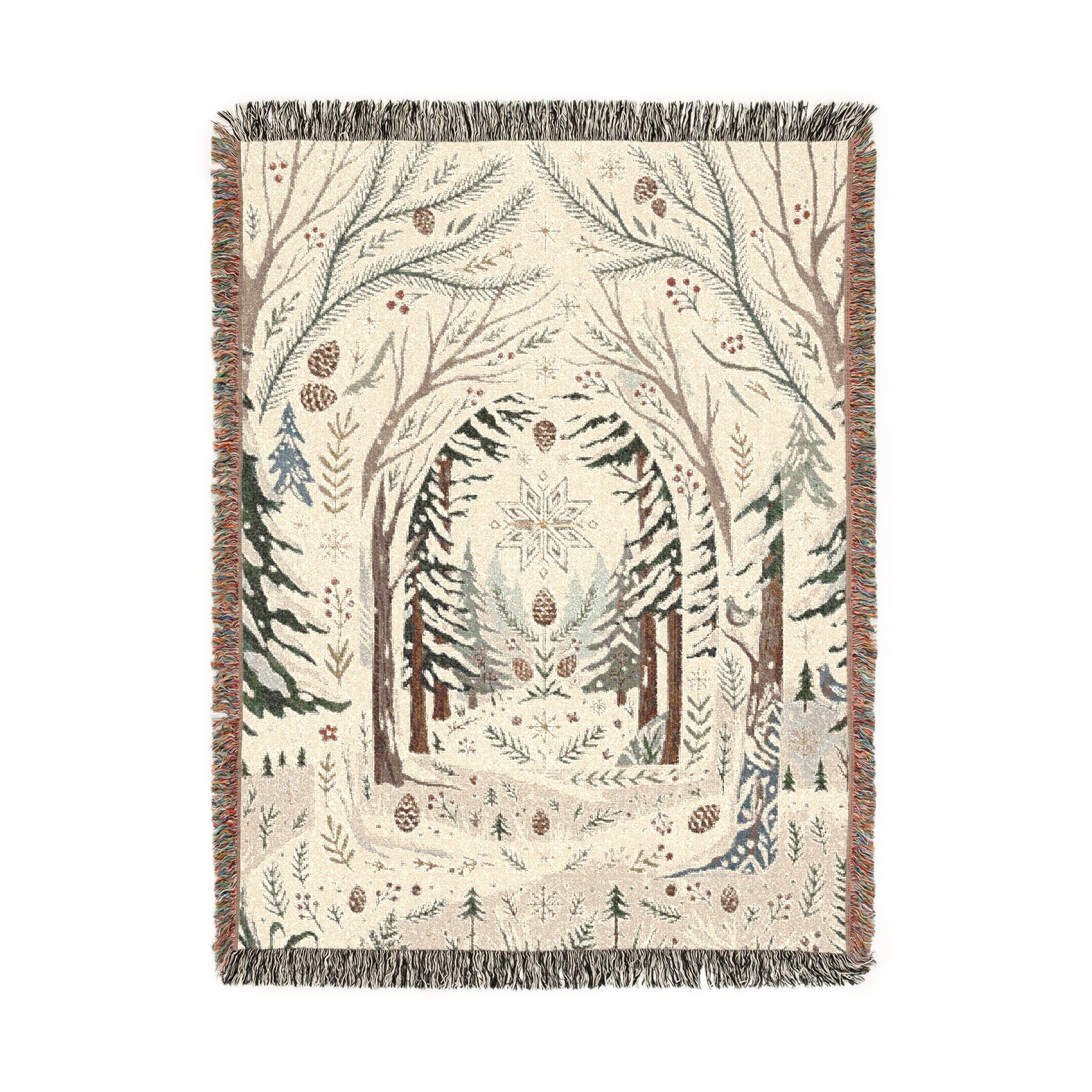 Nordic Folk Art Winter Forest Woven Throw Blanket Scandinavian Tapestry