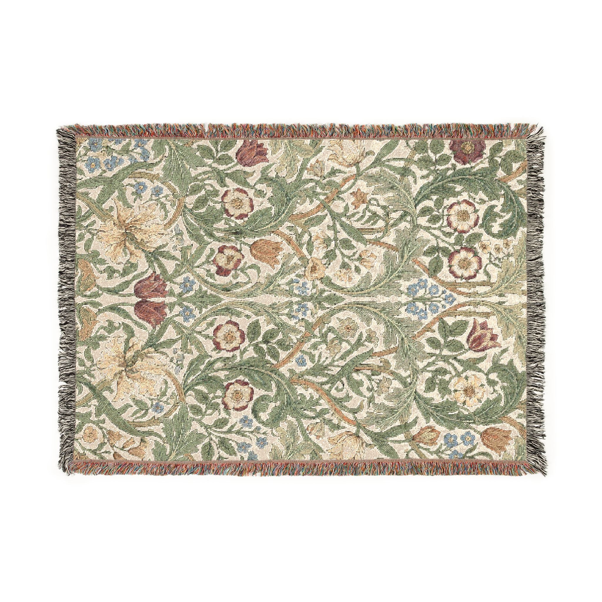 Vintage William Morris Style Floral Woven Throw Blanket Cottagecore Botanical Tapestry