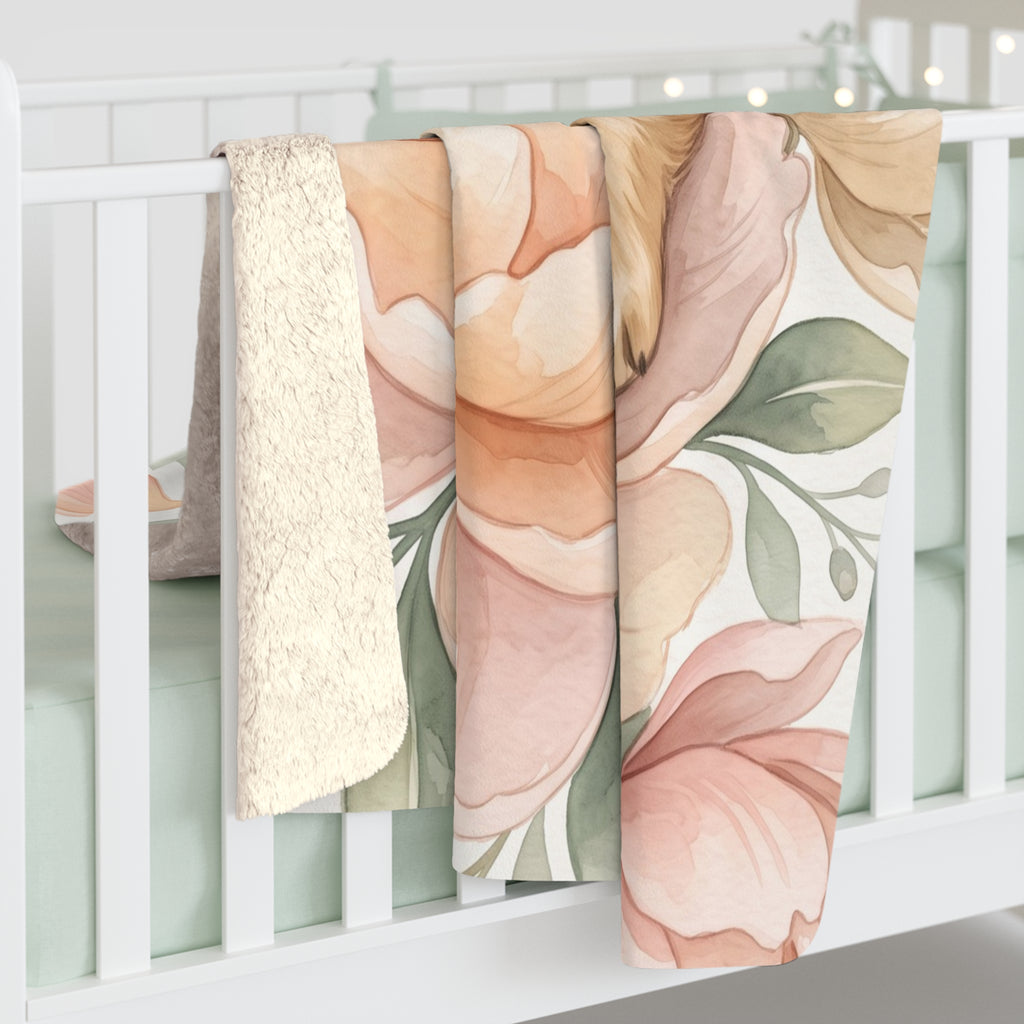 Watercolor Sleeping Puppy & Peony Sherpa Fleece Blanket Floral Cozy Throw