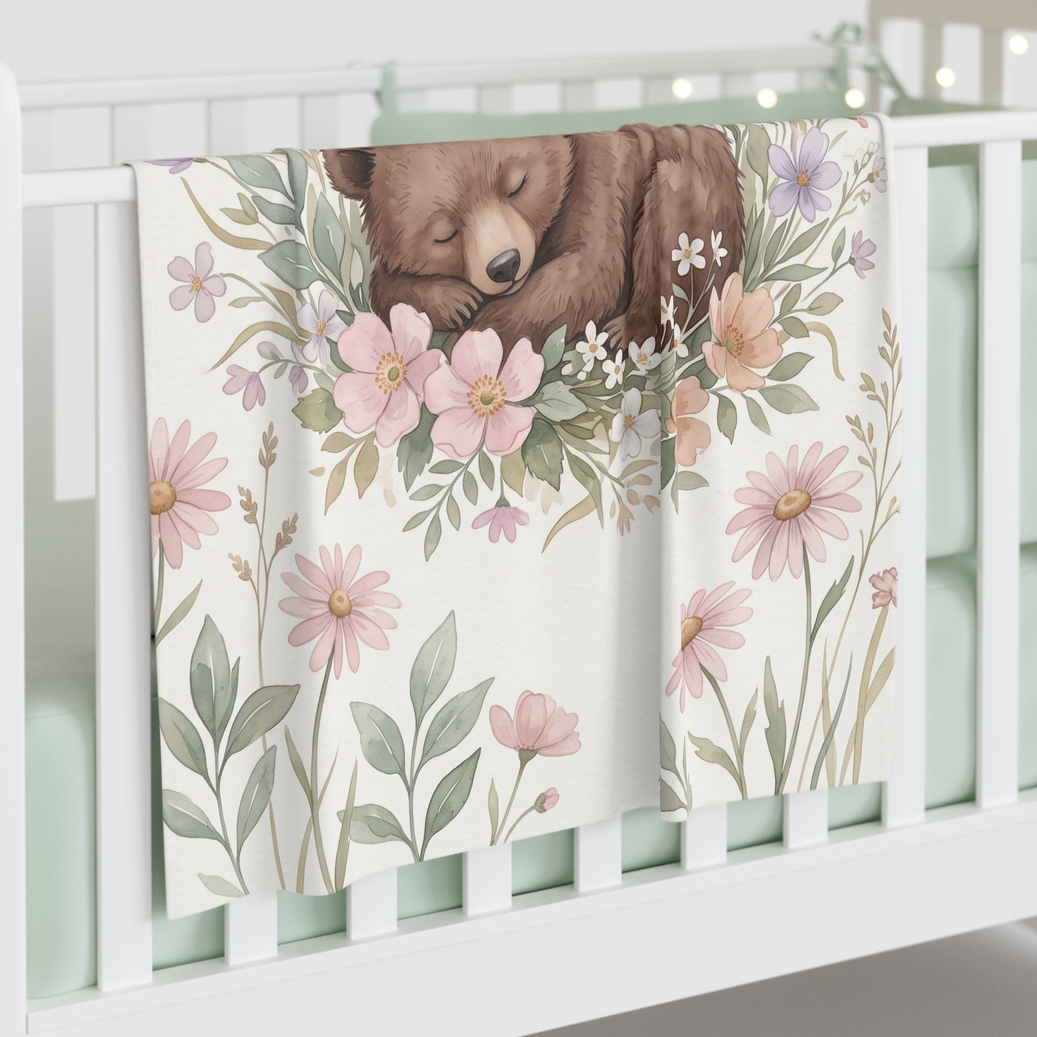 Watercolor Sleeping Bear Jersey Baby Swaddle Blanket Woodland Floral Nursery Throw