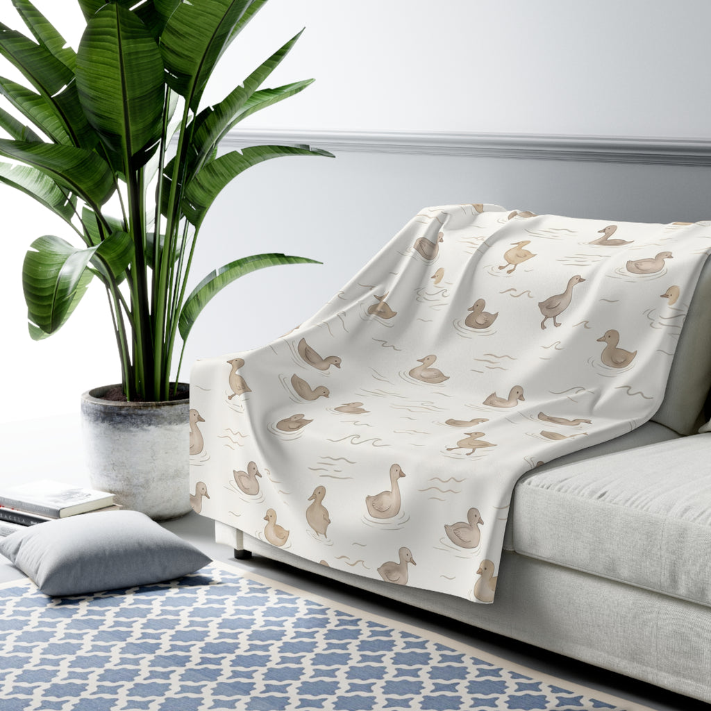 Minimalist Watercolor Duck Pattern Sherpa Fleece Blanket Neutral Nursery Throw
