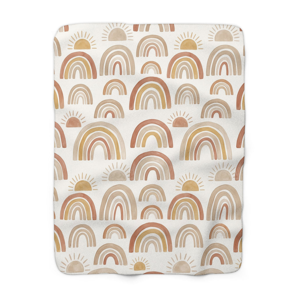 Boho Watercolor Rainbow & Sun Sherpa Fleece Blanket Neutral Nursery Throw