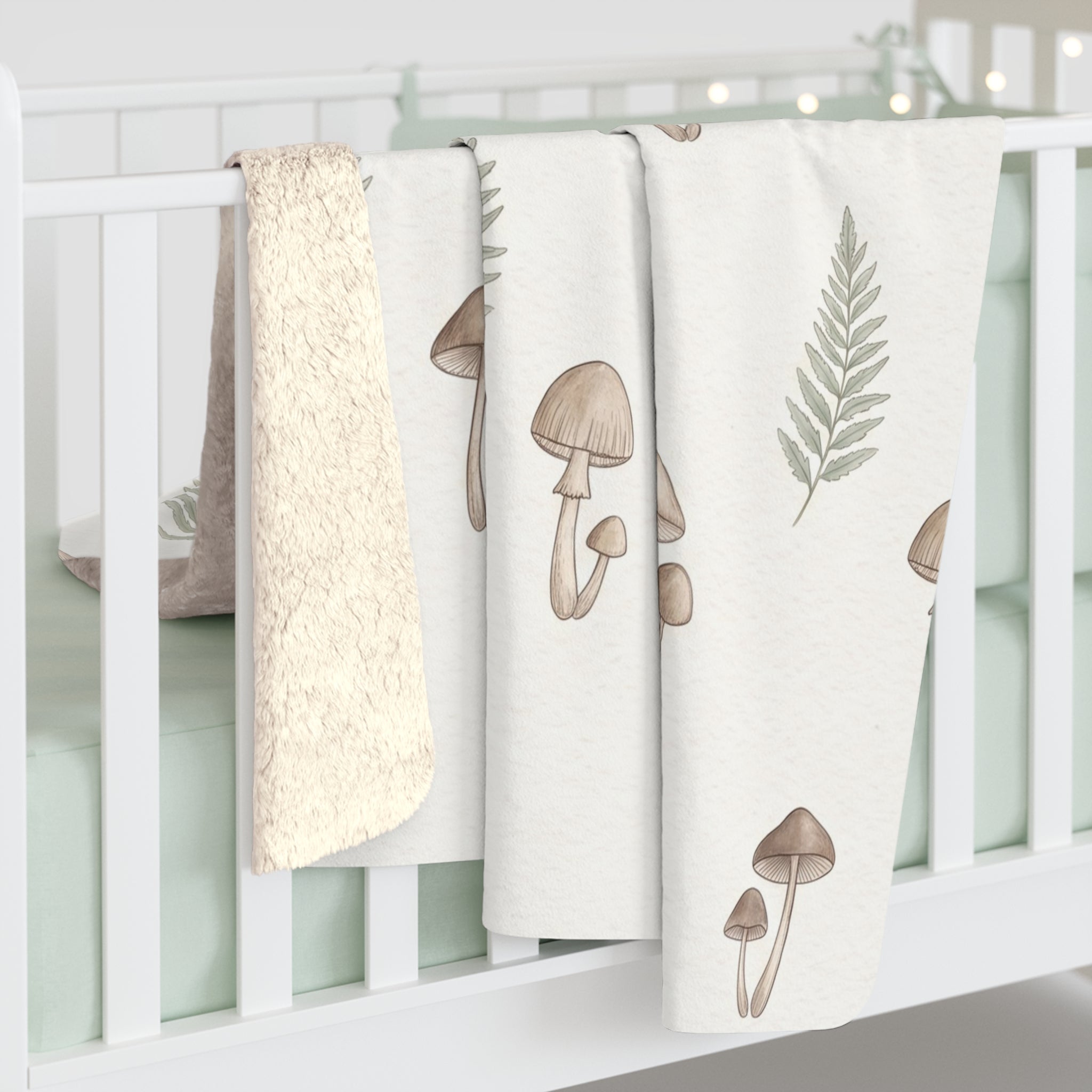 Minimalist Mushroom & Fern Sherpa Fleece Blanket Botanical Cottagecore Throw