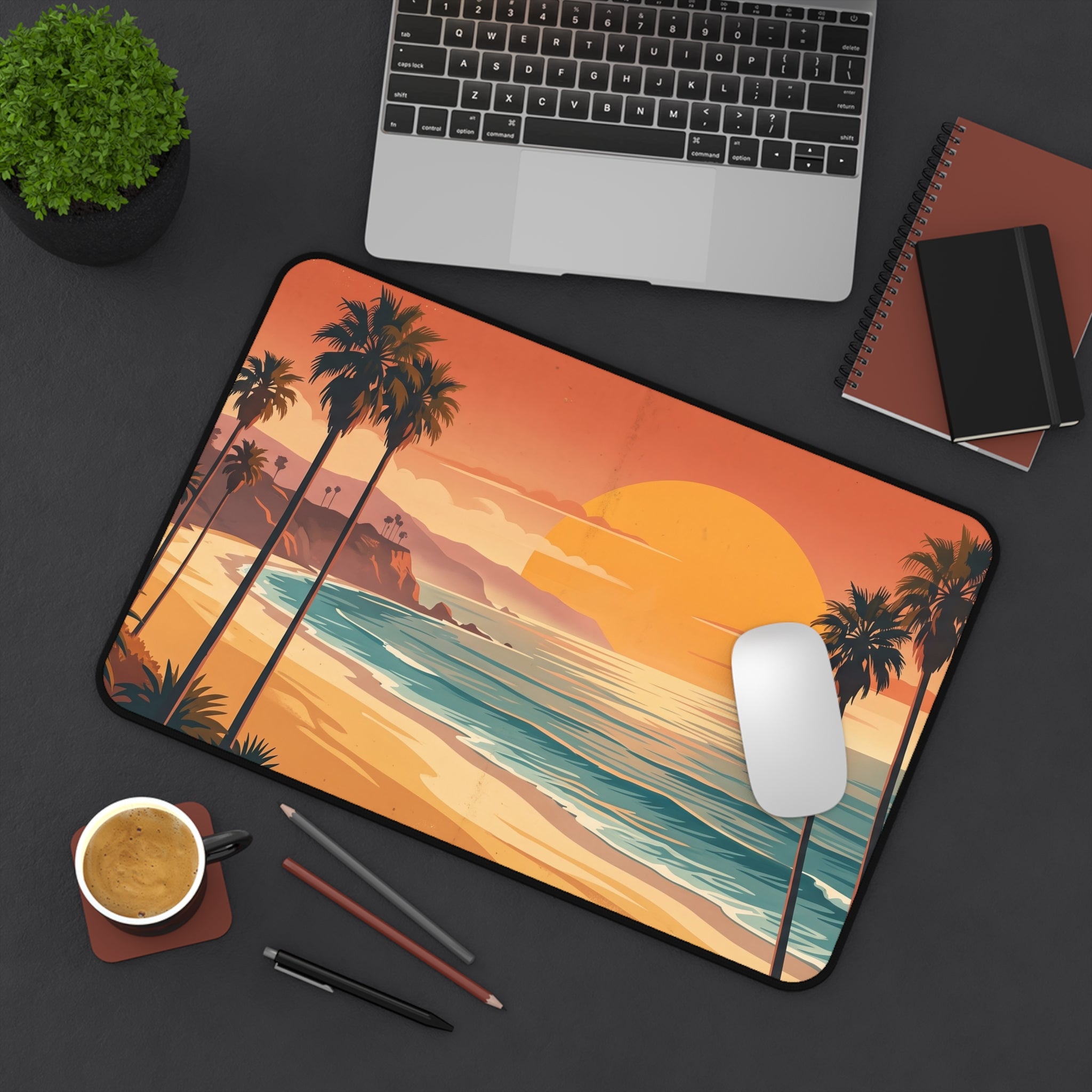 Retro California Beach Sunset Desk Mat Vintage Palm Tree Coastal Art