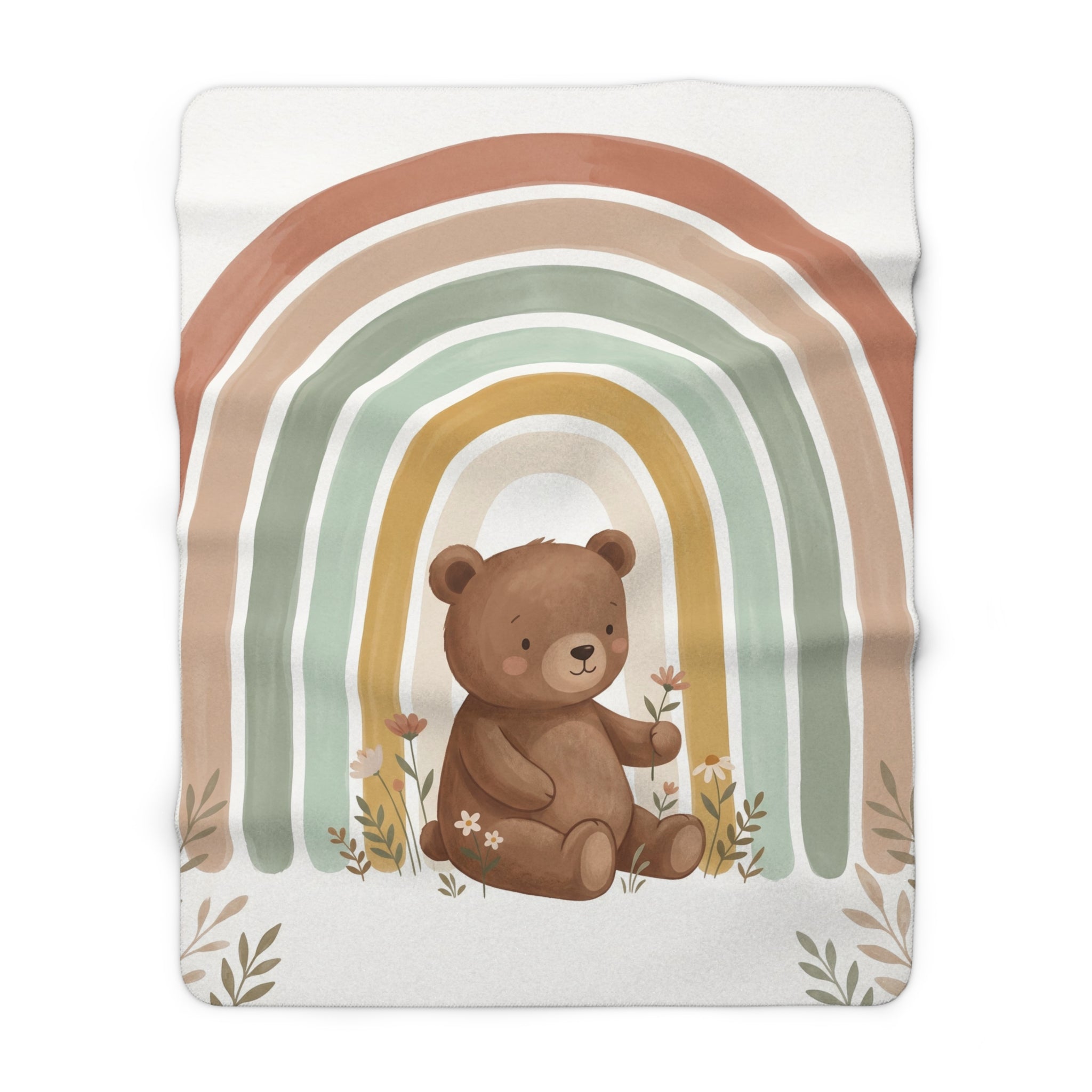 Boho Watercolor Bear & Rainbow Sherpa Fleece Blanket Cozy Nursery Throw