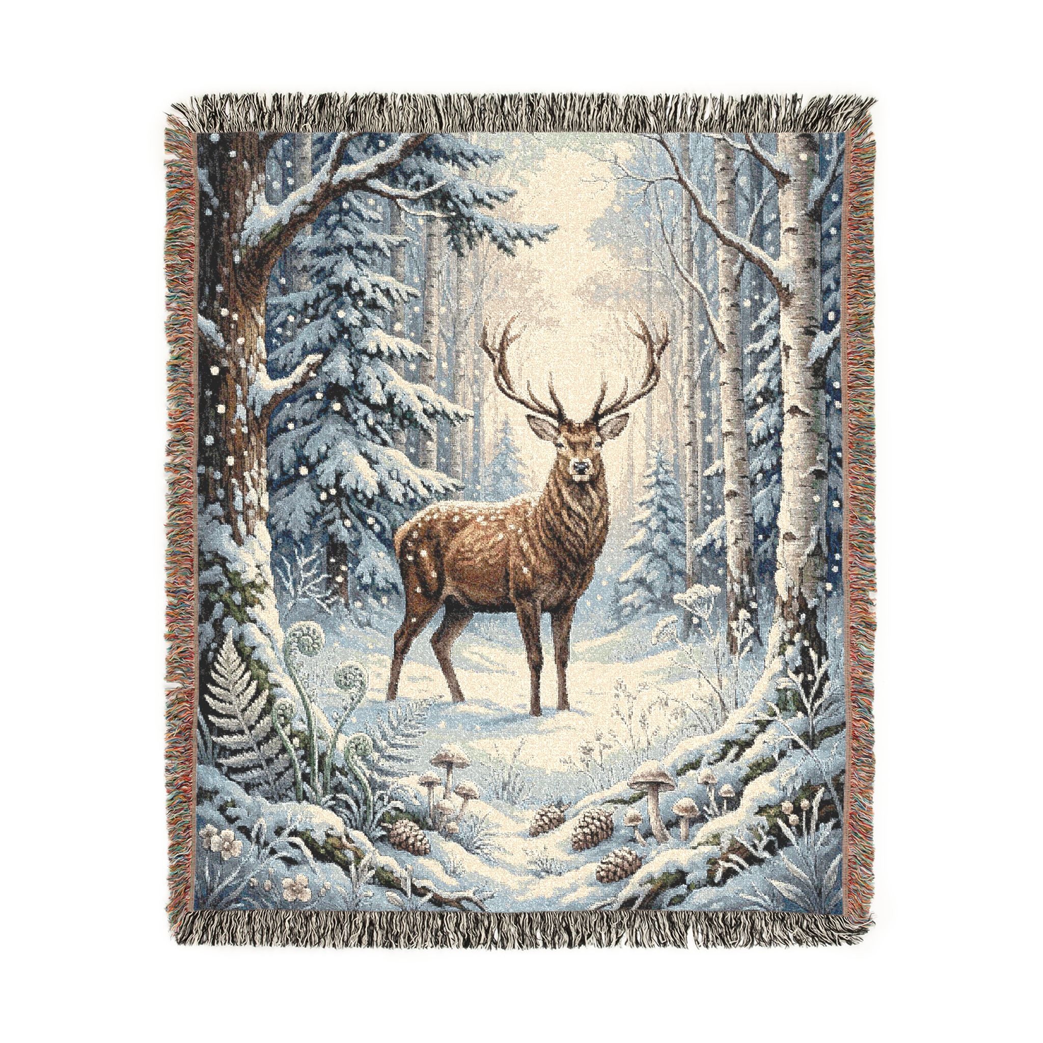 Winter Woodland Stag Woven Throw Blanket Rustic Snow Scene Tapestry