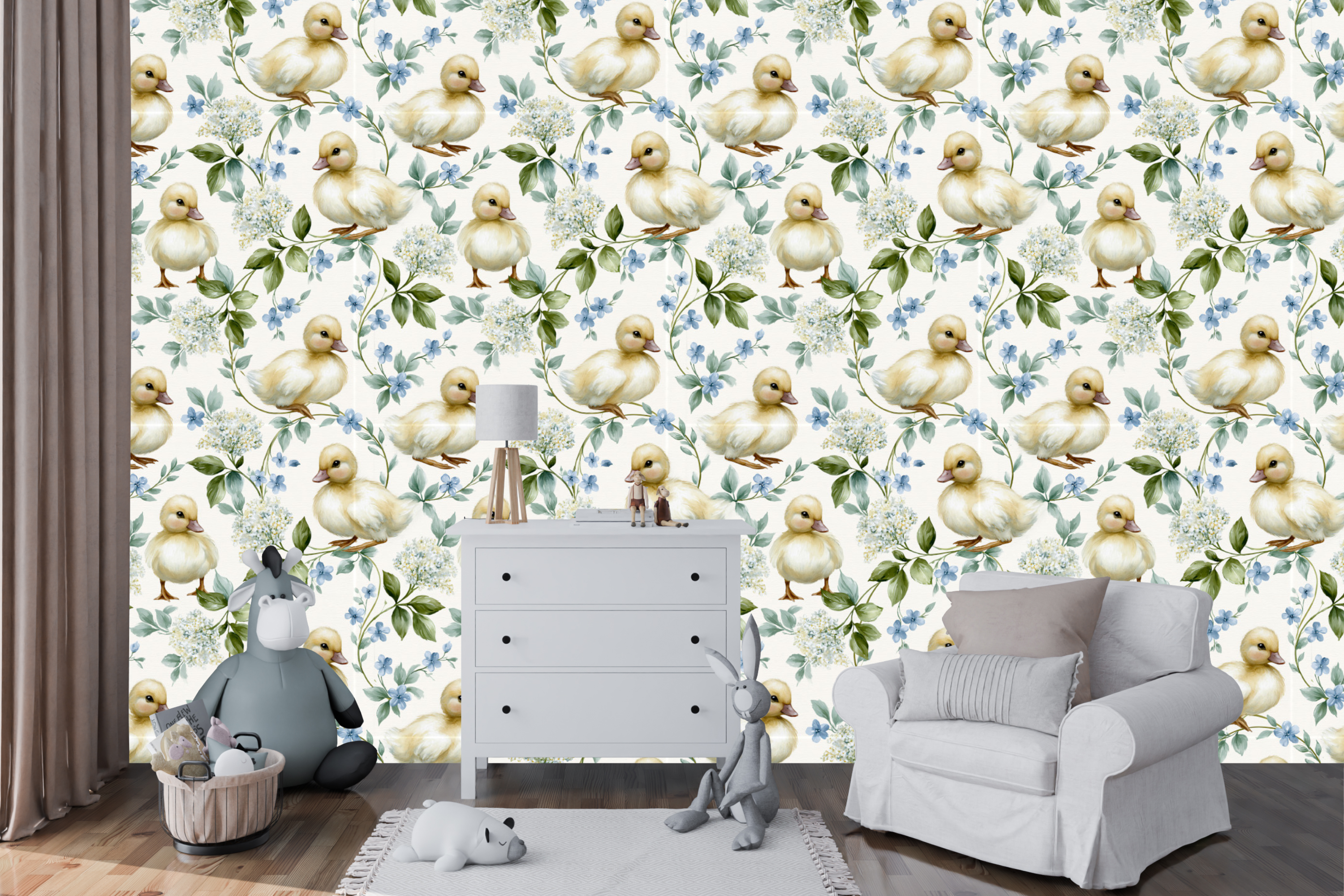 Watercolour duckling nursery wallpaper styled in a bright gender-neutral nursery with white cot, natural timber furniture, and soft morning light — peel and stick or traditional paste nursery wallpaper by WallpaperPixi